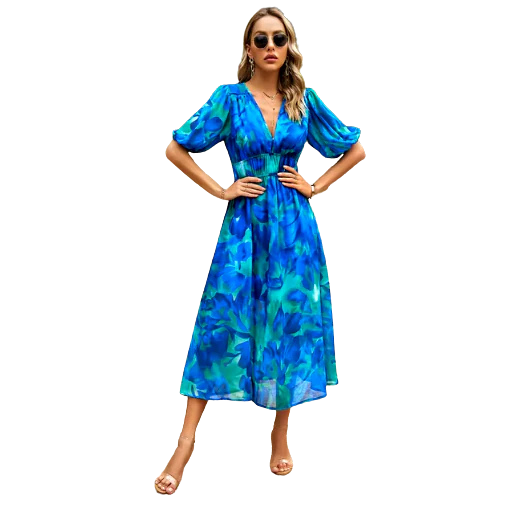 Buy blue V-Neck Printed Slim Fit Summer Dress