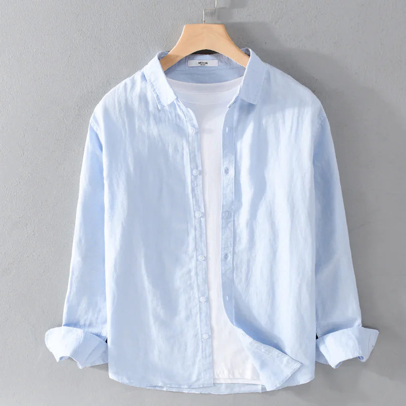 Buy sky-blue-m Men&#39;s Cotton-Linen Long Sleeve Shirt