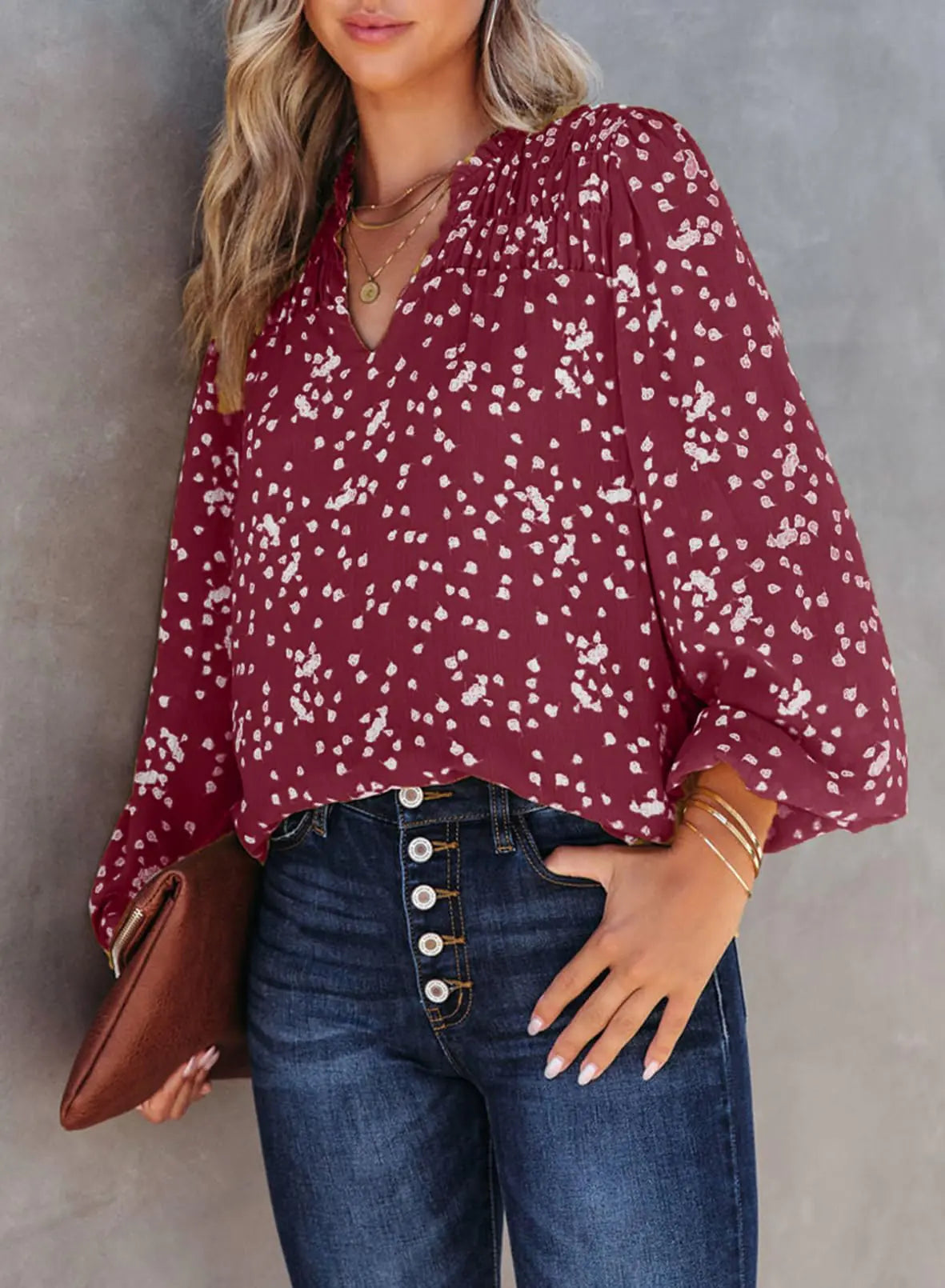 Bohemian V-Neck Floral Chiffon Blouse - 0