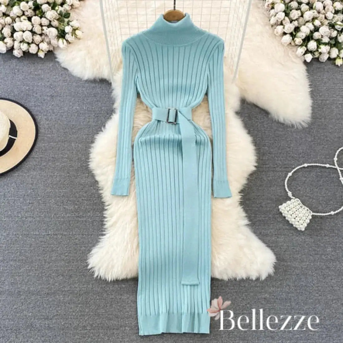 Buy light-green Turtleneck Sexy Wrap Hips Knitted Dresses