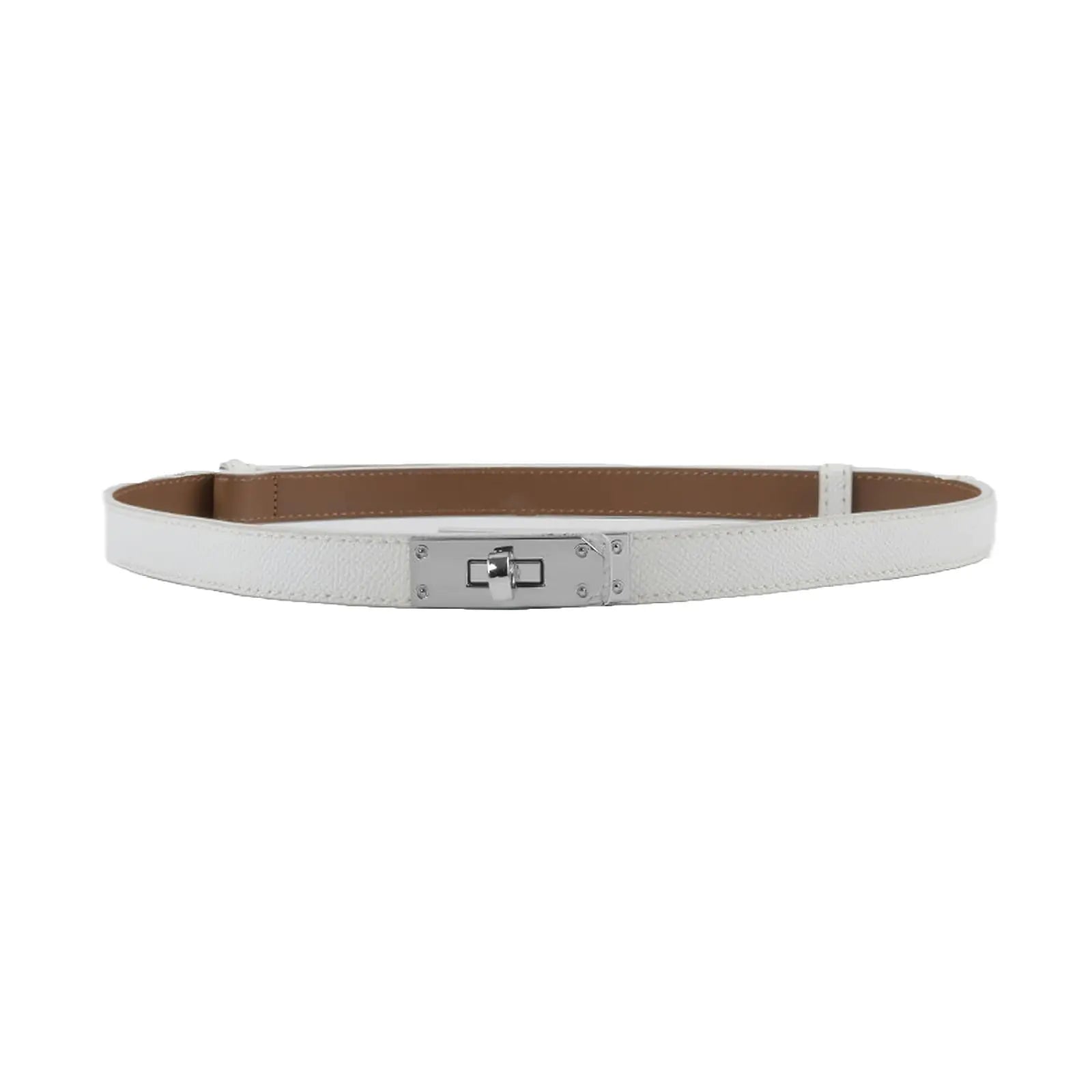 Buy white-silver-buckle FENLDY Adjustable Thin Belts For Womens Skinny Belts For Dresses Womens Solid Color Alloy Turn Lock Belts For Jeans Rose Red Silver Buckle