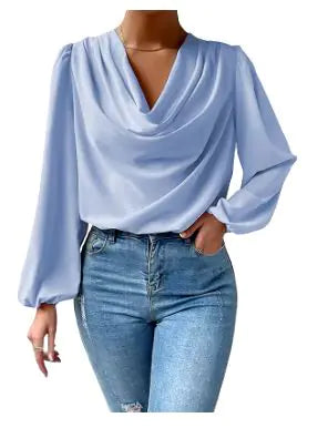 Buy blue Fashion Women Blouses Pile Collar