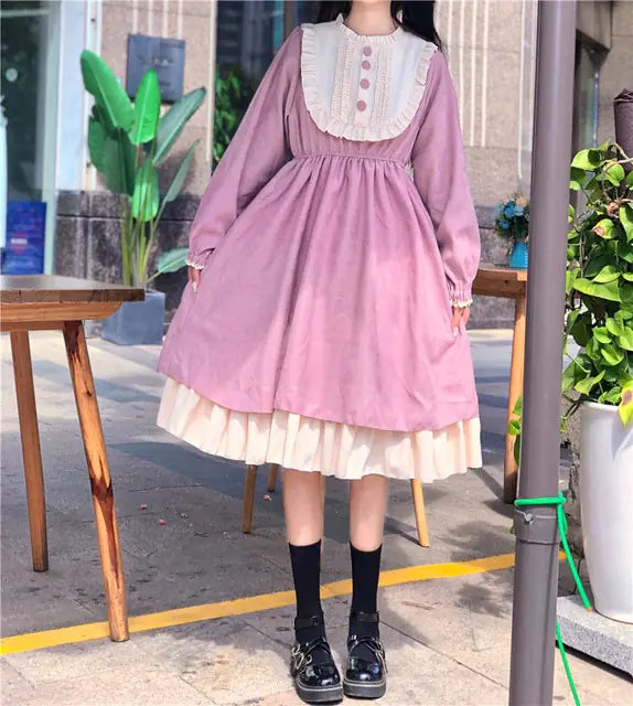 Buy pink-and-white Japanese Style Autumn High Waist Dresses