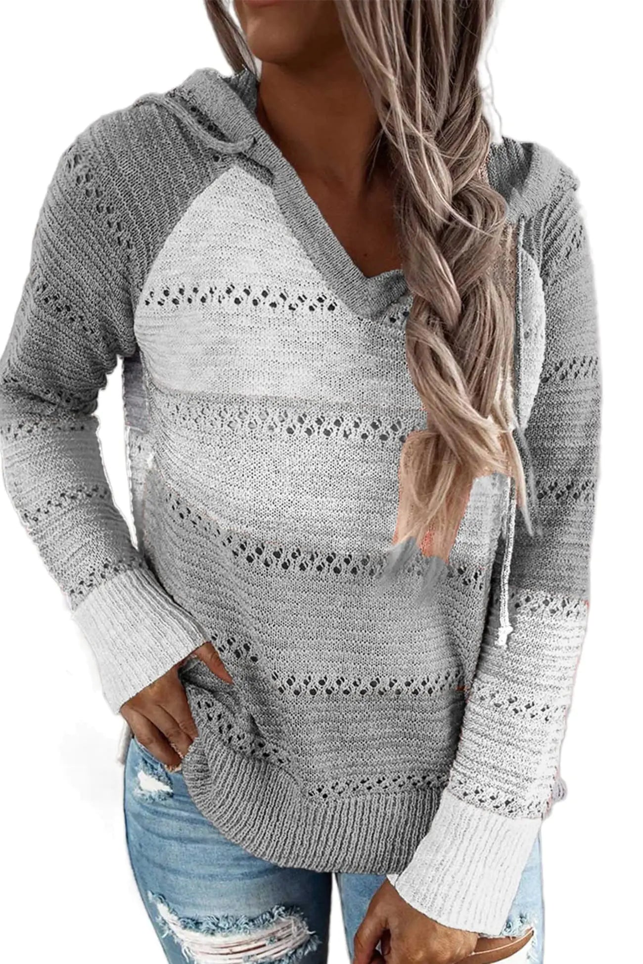 BLENCOT Women's Color Block Crochet Striped Hoodie