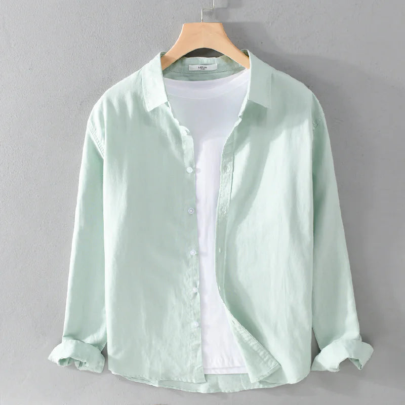 Buy water-green-m Men&#39;s Cotton-Linen Long Sleeve Shirt