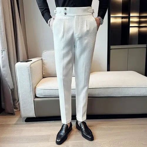 Buy white Men&#39;s High-Waist Waffle Business Casual Pants