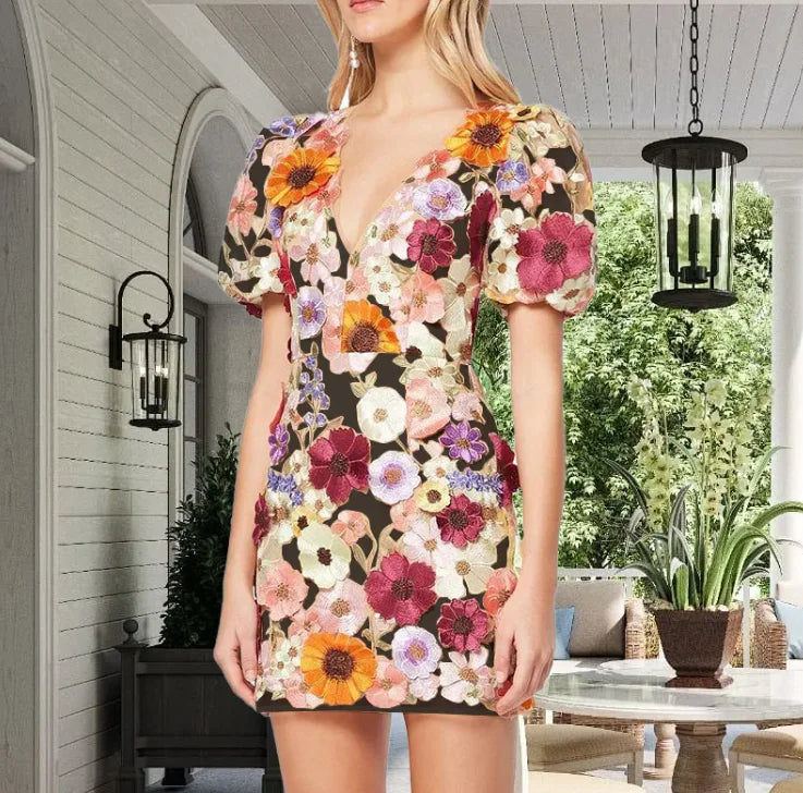 Buy black Elegant Floral V-Neck Lantern Sleeve Dress