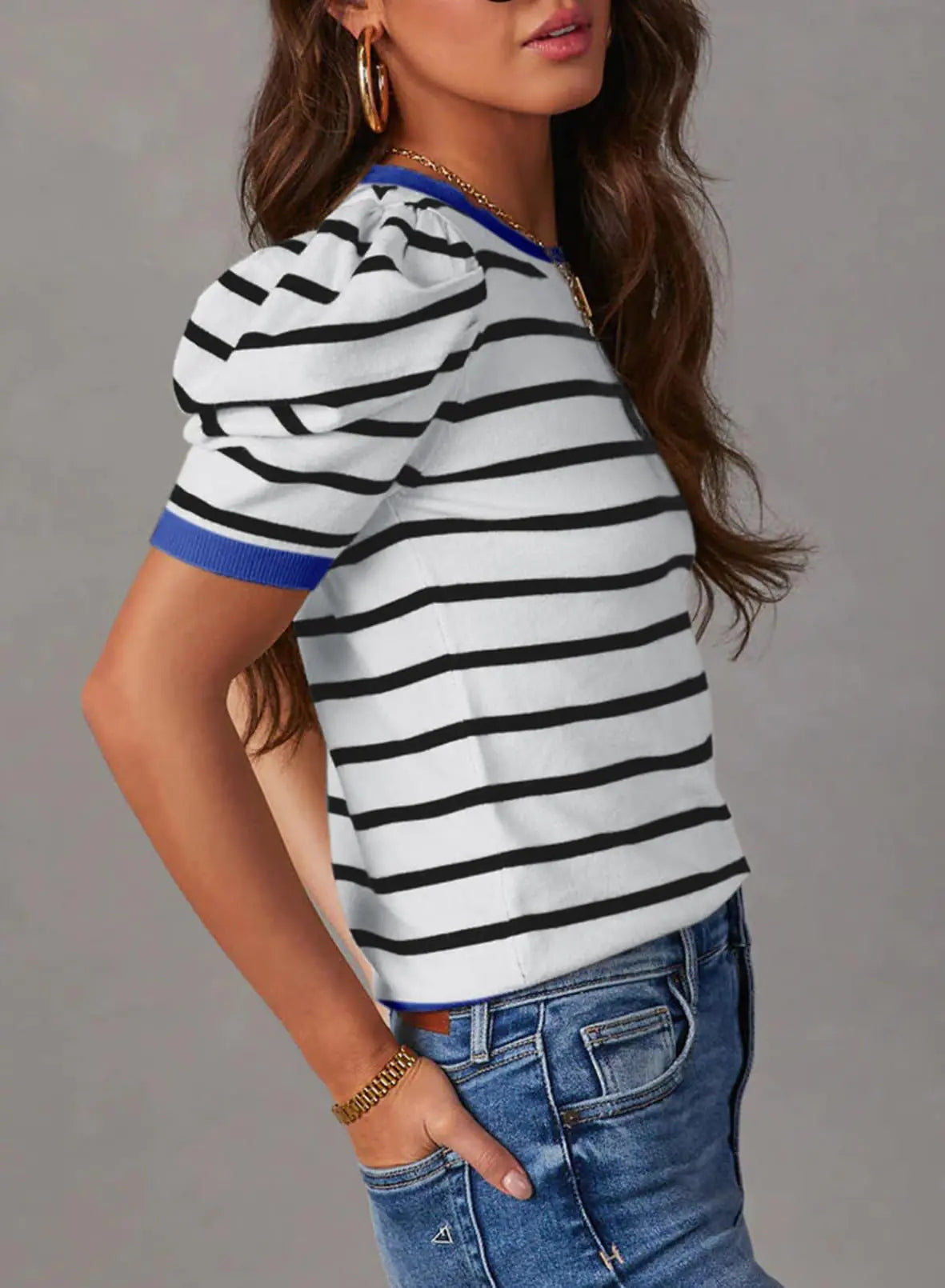 Trendy Puff Sleeve Striped Knit Top