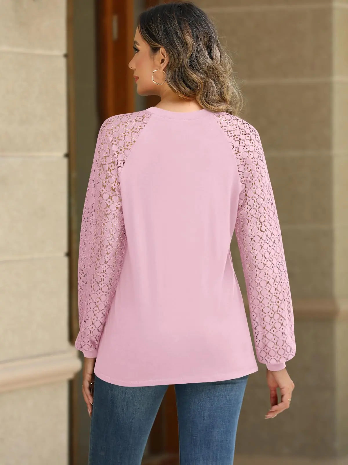 Womens Long Sleeve Lace Knitted Blouse Pink - 0