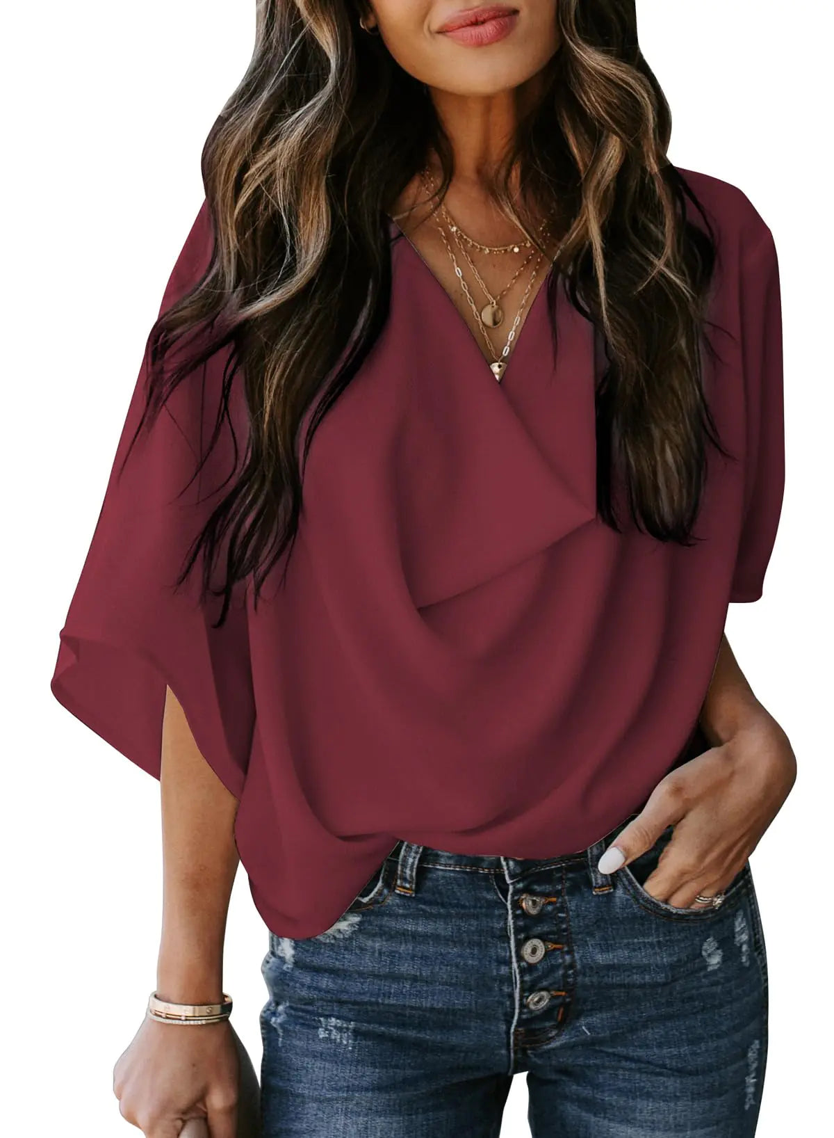 Red Short Sleeve Chiffon Blouse