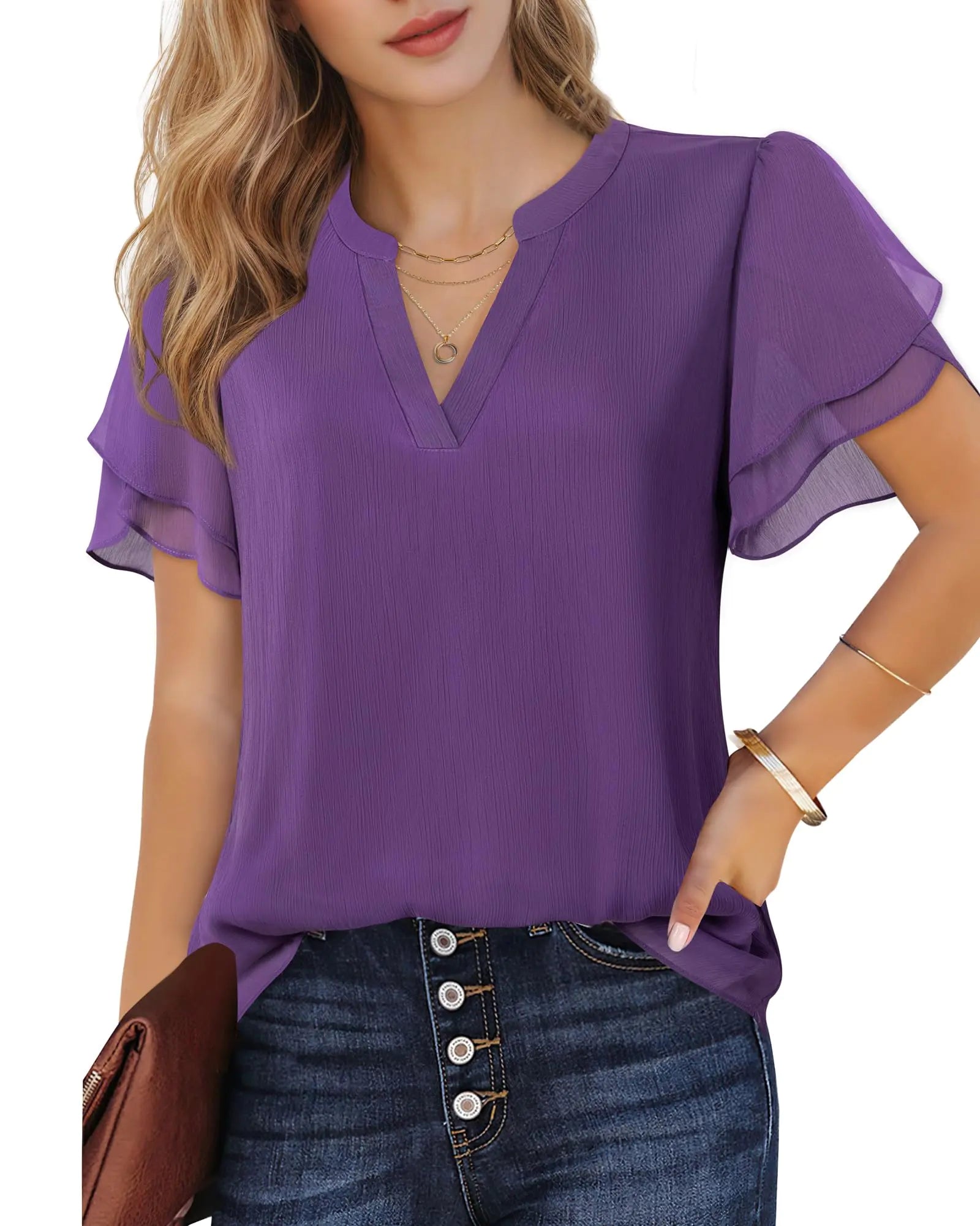 Women’s V-Neck Puff Sleeve Chiffon Blouse