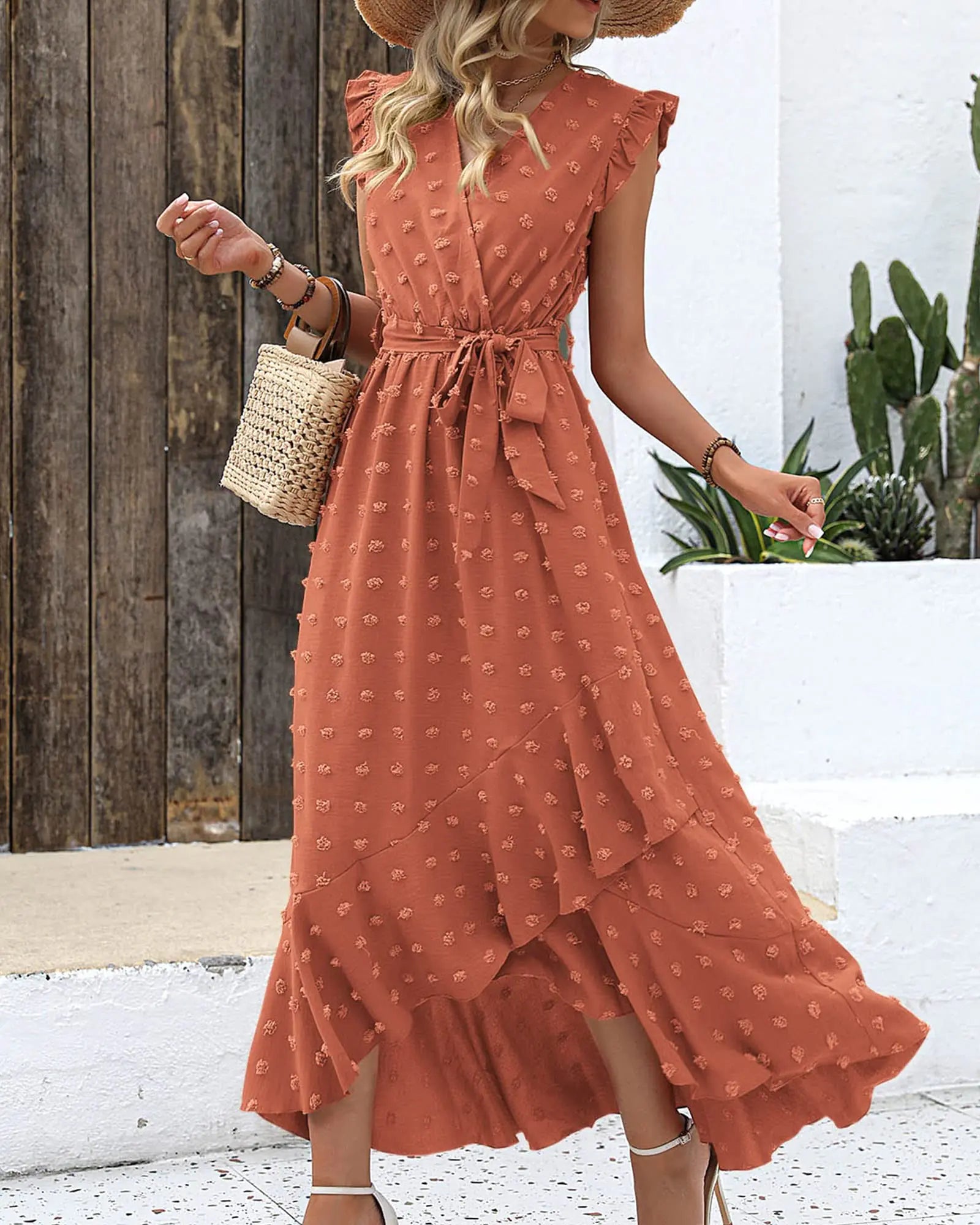 Women’s V-Neck Boho Swiss Dot Maxi Dress