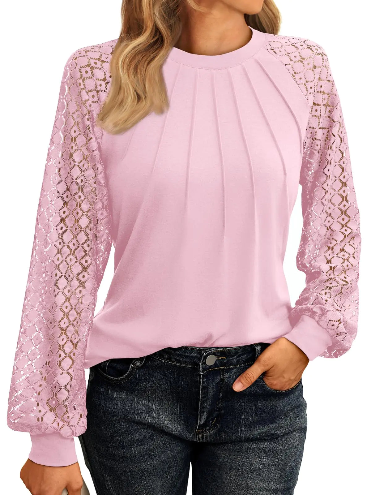 Womens Long Sleeve Lace Knitted Blouse Pink