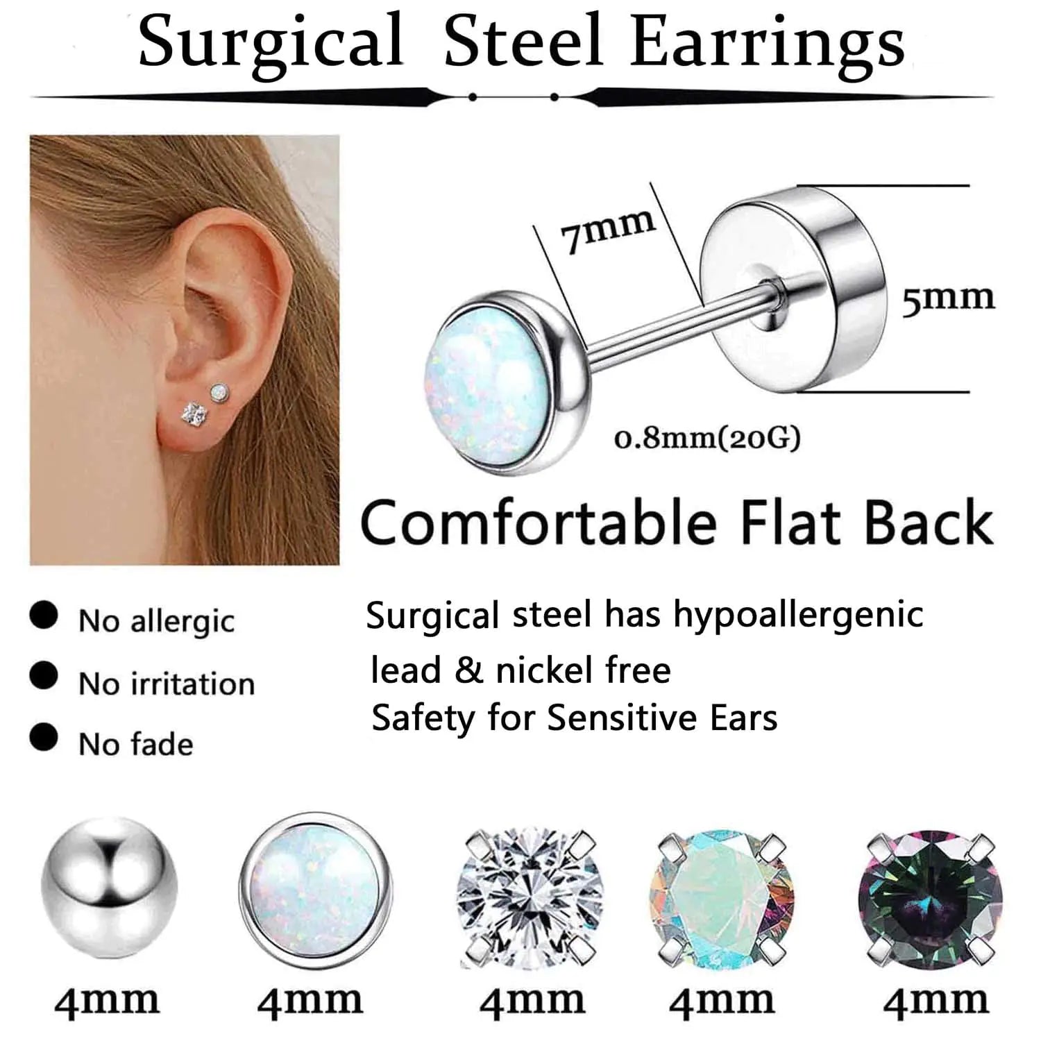 Jstyle Surgical Steel Earrings for Sensitive Ears Hypoallergenic 20G Stainless Steel Stud Hoop Earrings for Women Men Small Opal Ball CZ Surgical Steel Flat Back Earrings Cartilage Earrings Hoop Stud Silver