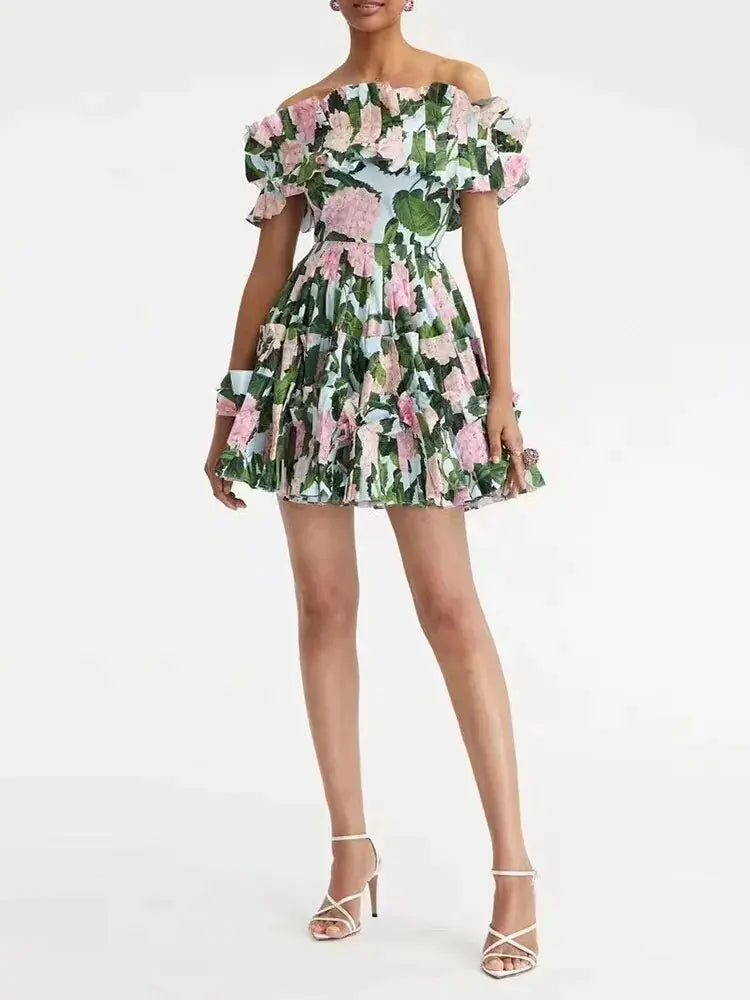 Summer Floral Ruched Dresses - 0