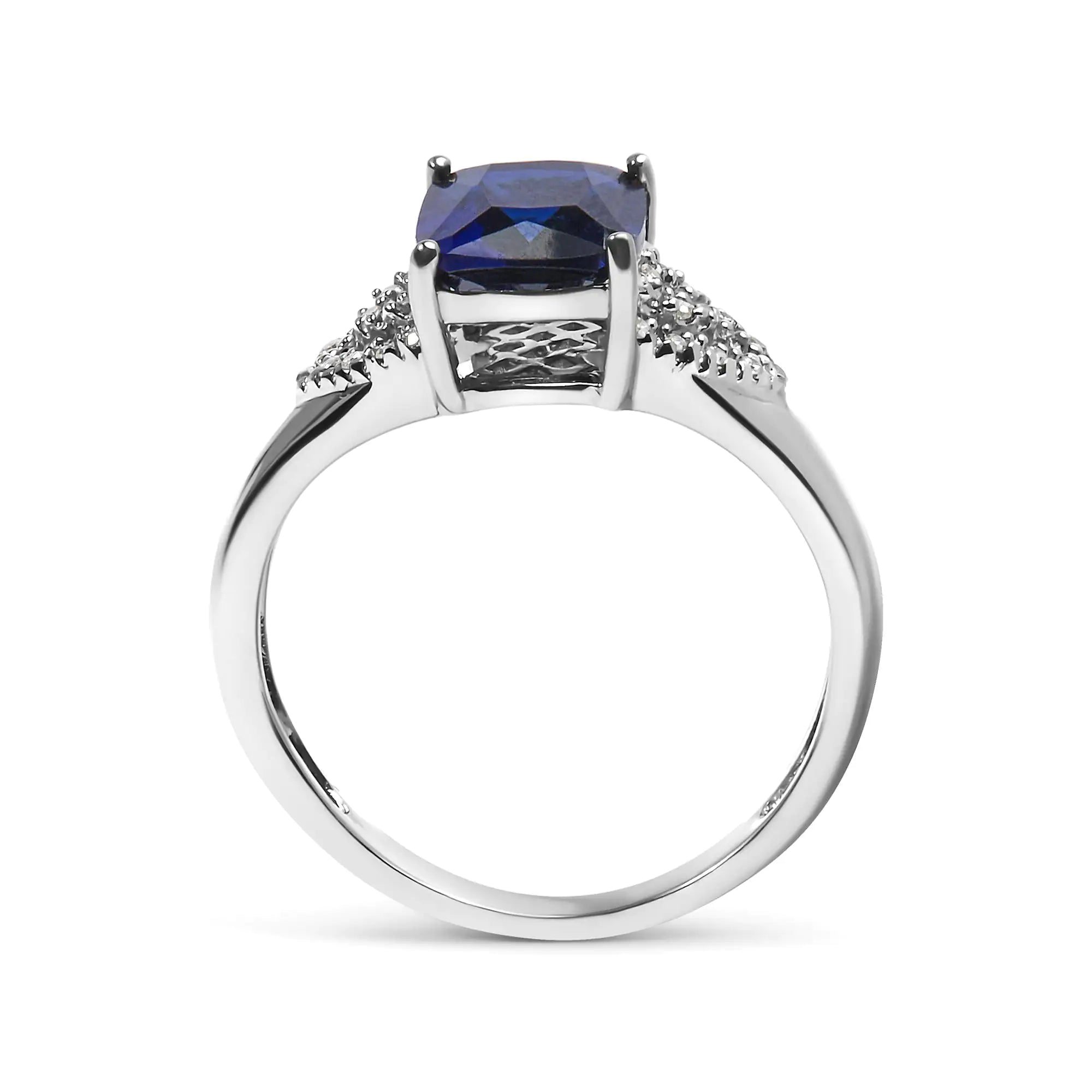 Sterling Silver Blue Sapphire and Diamond Ring, Cushion Cut, 9x7mm