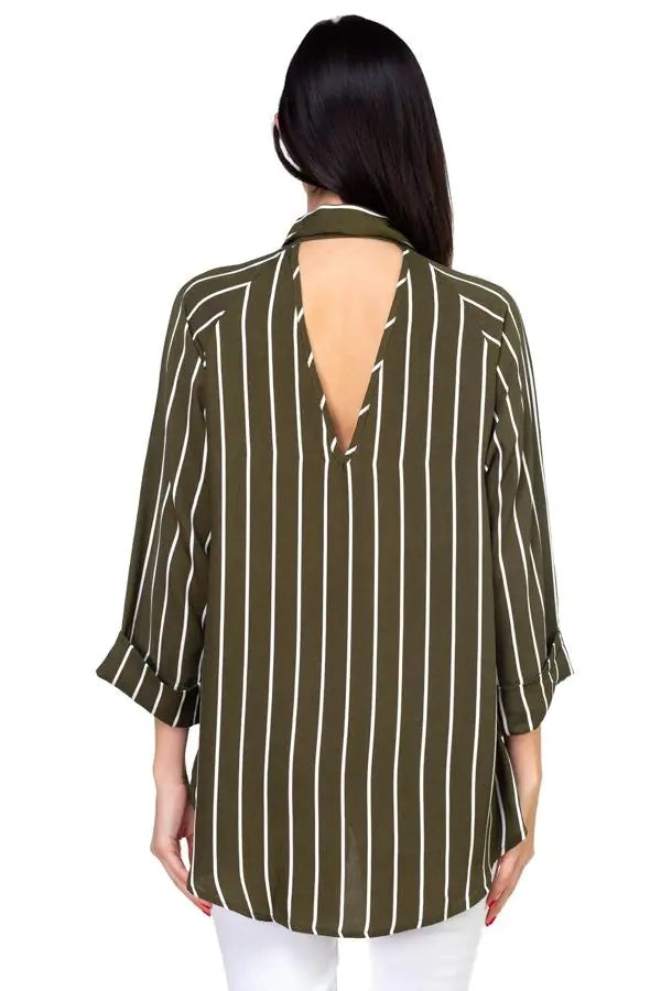 Stripe Button Down Shirt -Olive - 0