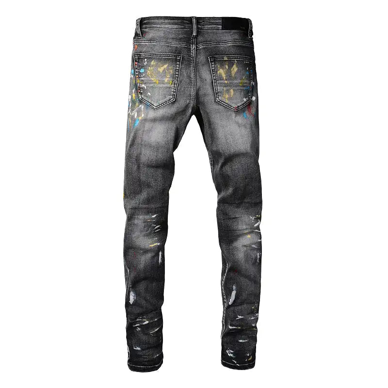 Men Speckle Ink Printed Vintage Pleated Ripped Jeans - 0