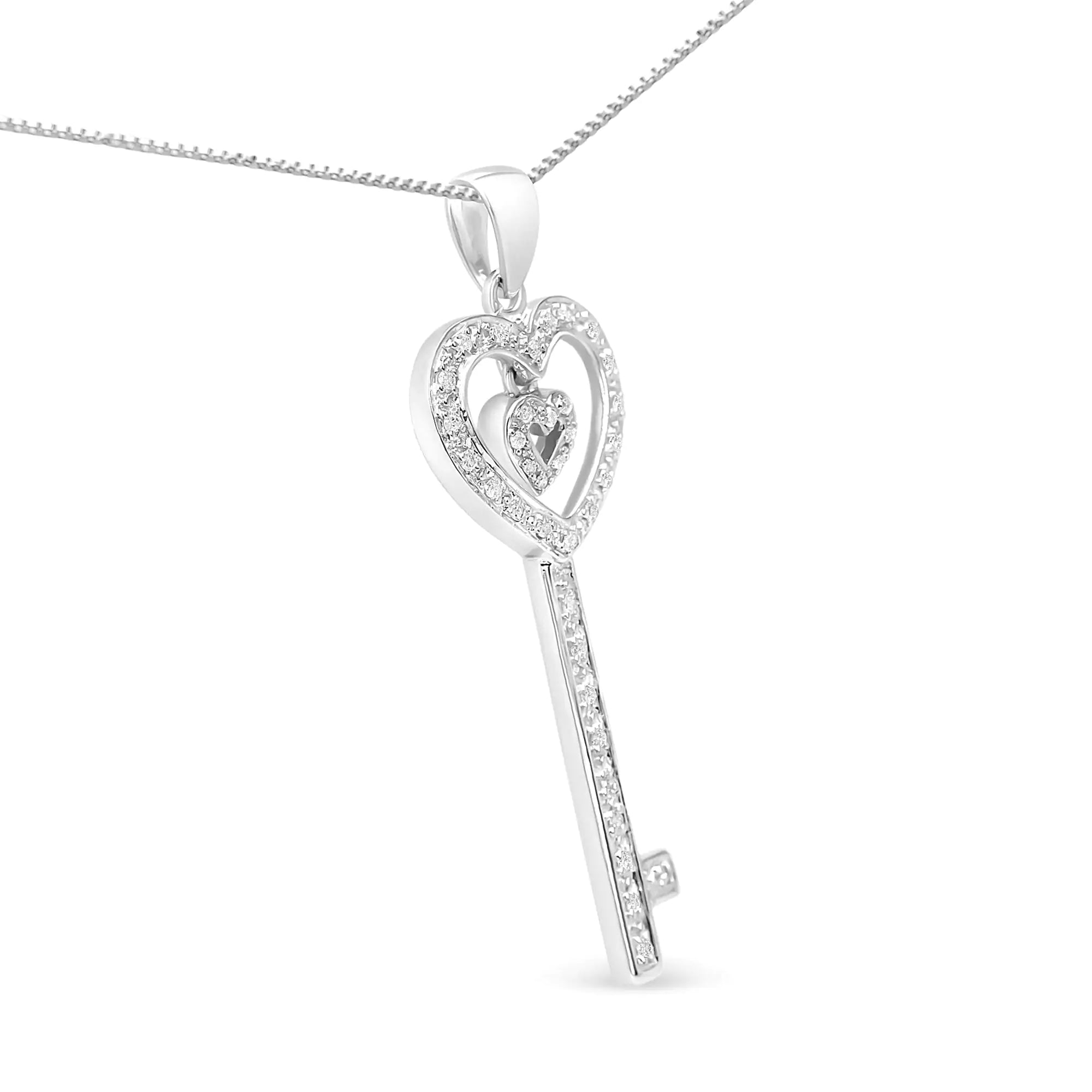 .925 Sterling Silver Double Heart & Key Pendant Necklace - 0