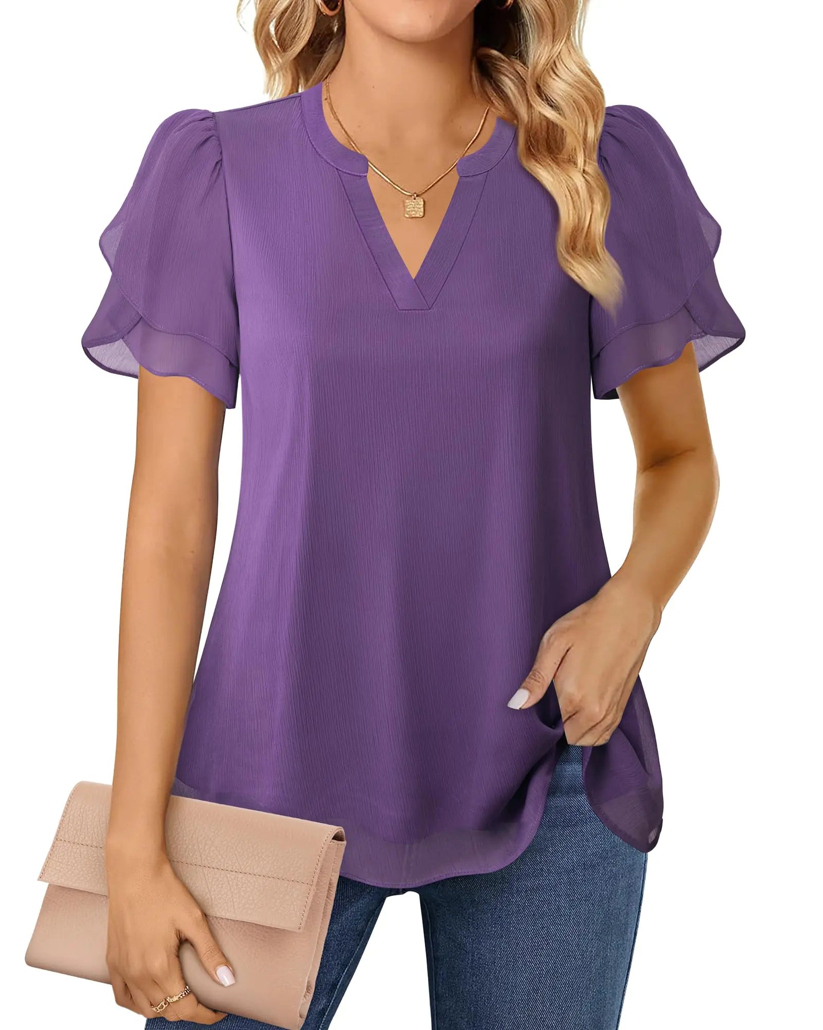 Women’s V-Neck Puff Sleeve Chiffon Blouse - 0