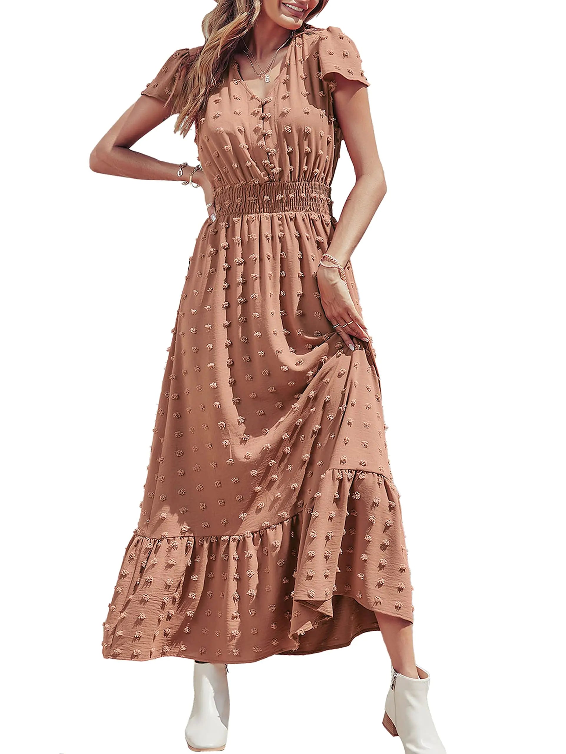 Women’s Boho V-Neck Ruffle Maxi Dress