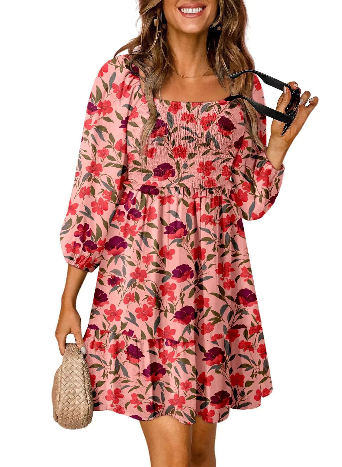 Boho Floral Square Neck A-Line Dress