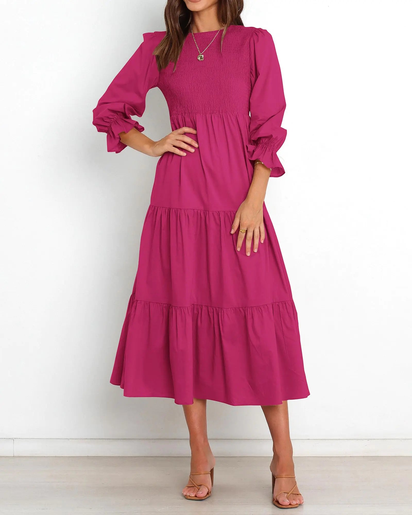 BTFBM Women Casual Long Sleeve Dress Fall Dresses 2024 Solid Color Relaxed Fit Smocked Tiered Flowy Boho Long Dresses Large Solid Rose Red - 0