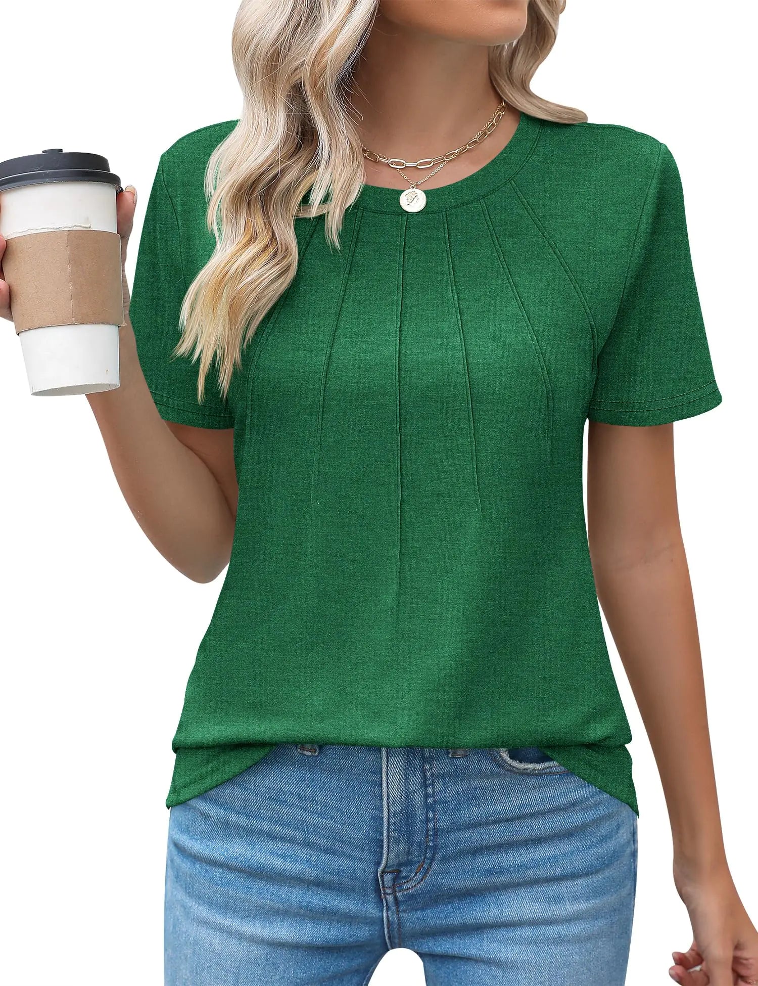 Casual Pleated Crew Neck Top Green