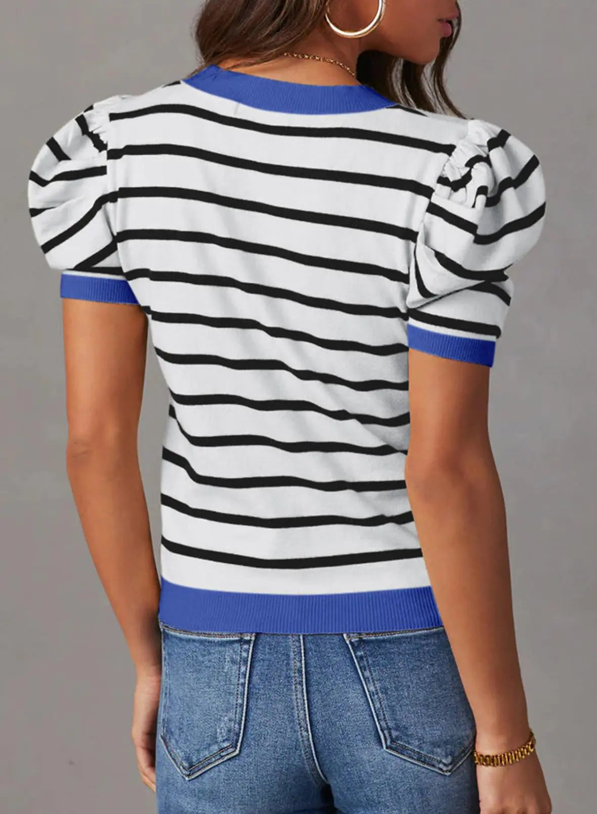 Trendy Puff Sleeve Striped Knit Top - 0