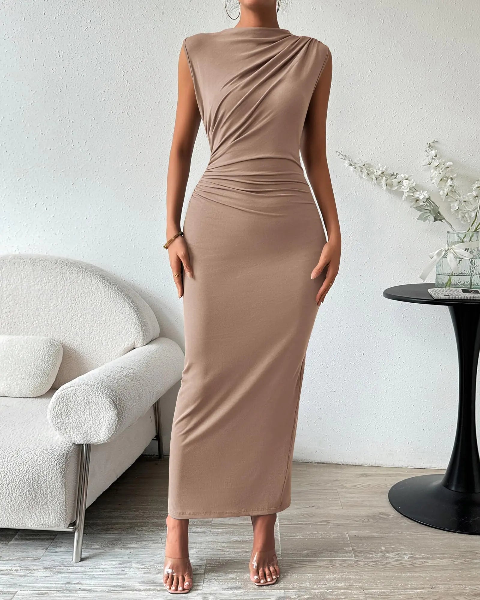 Women's Ruched Bodycon Sleeveless Maxi Dress