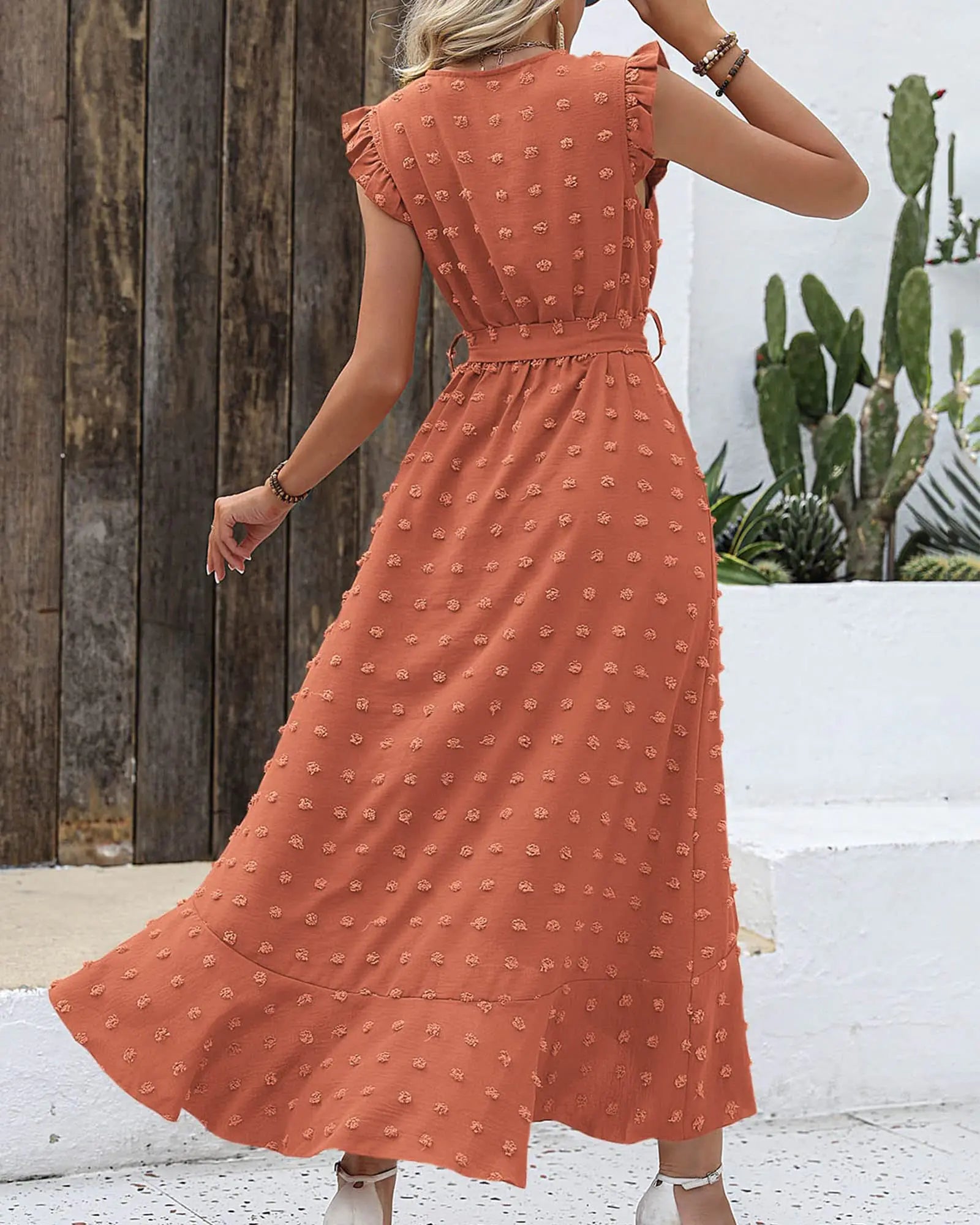 Women’s V-Neck Boho Swiss Dot Maxi Dress - 0