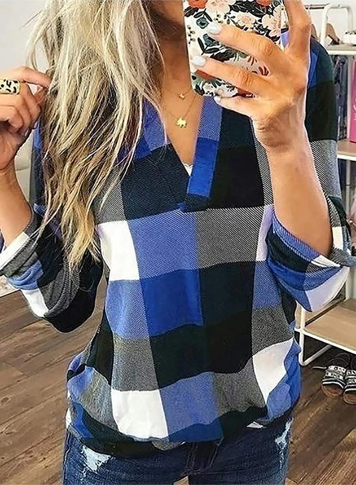 Women’s Casual V-Neck Plaid Blouse