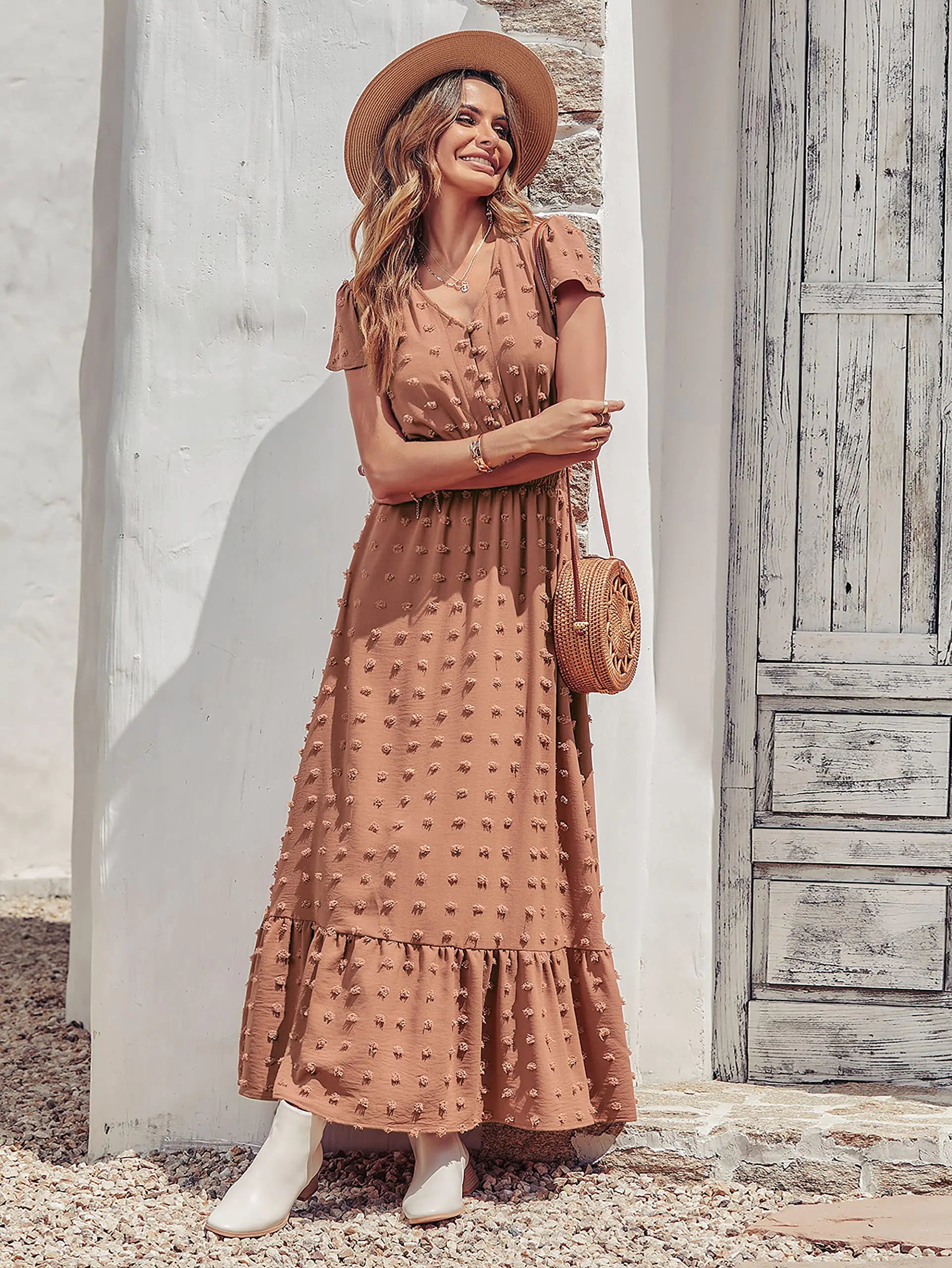 Women’s Boho V-Neck Ruffle Maxi Dress