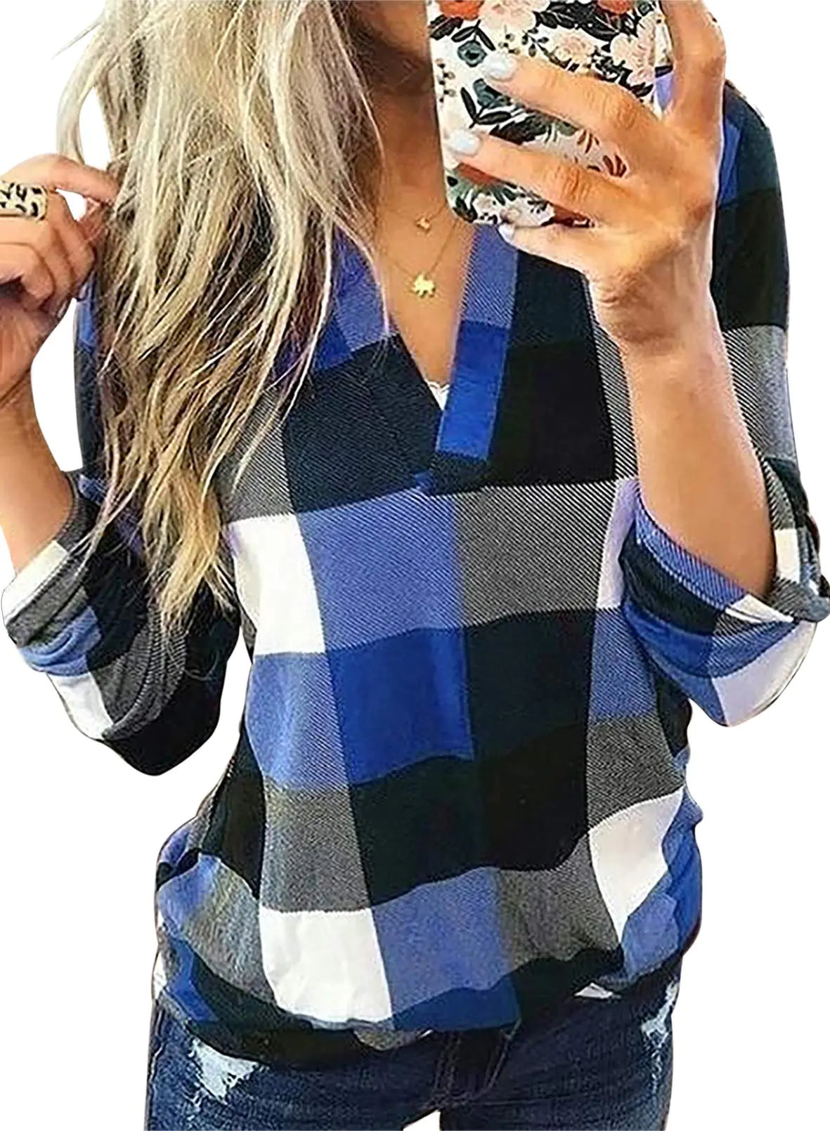 Women’s Casual V-Neck Plaid Blouse