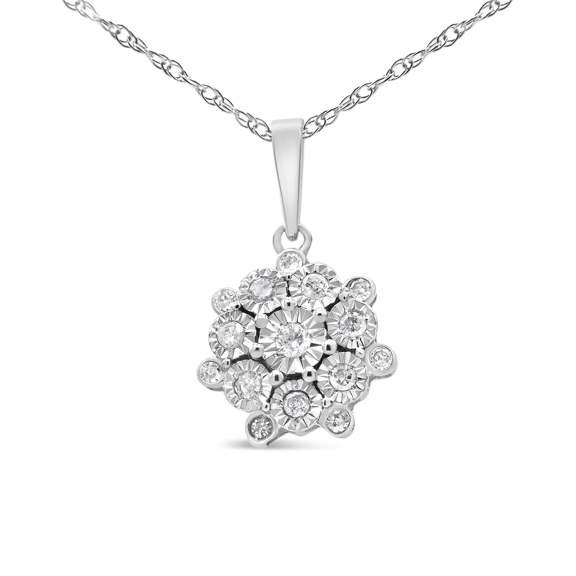 Sterling Silver Diamond Floral Cluster Necklace for women, 1/4 Cttw, Miracle Set, 18"