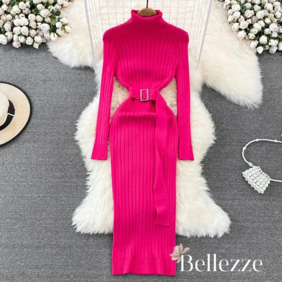 Buy rose-red Turtleneck Sexy Wrap Hips Knitted Dresses