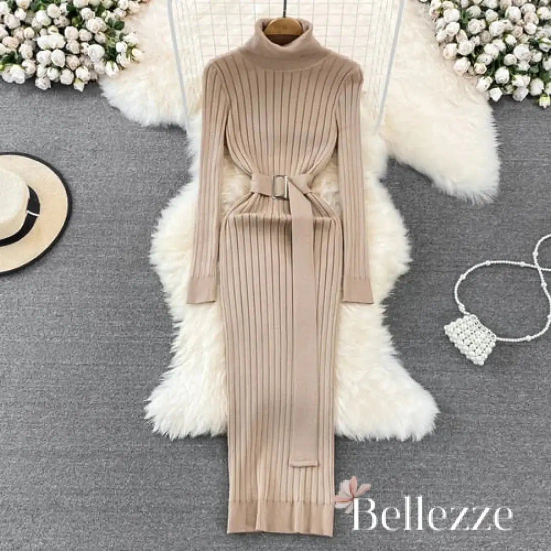 Buy khaki Turtleneck Sexy Wrap Hips Knitted Dresses