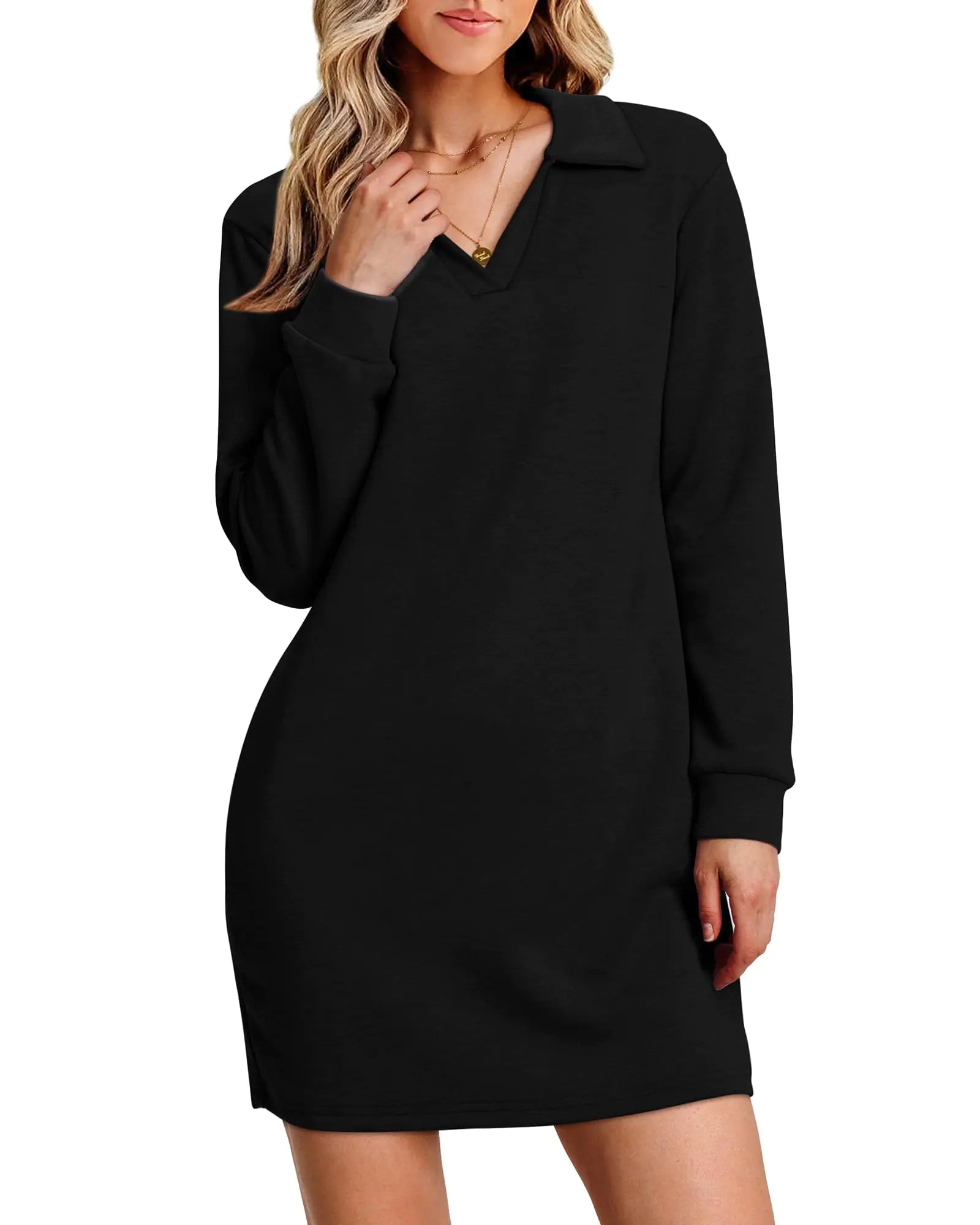 Women’s Long Sleeve Lapel V-Neck Dress - 0