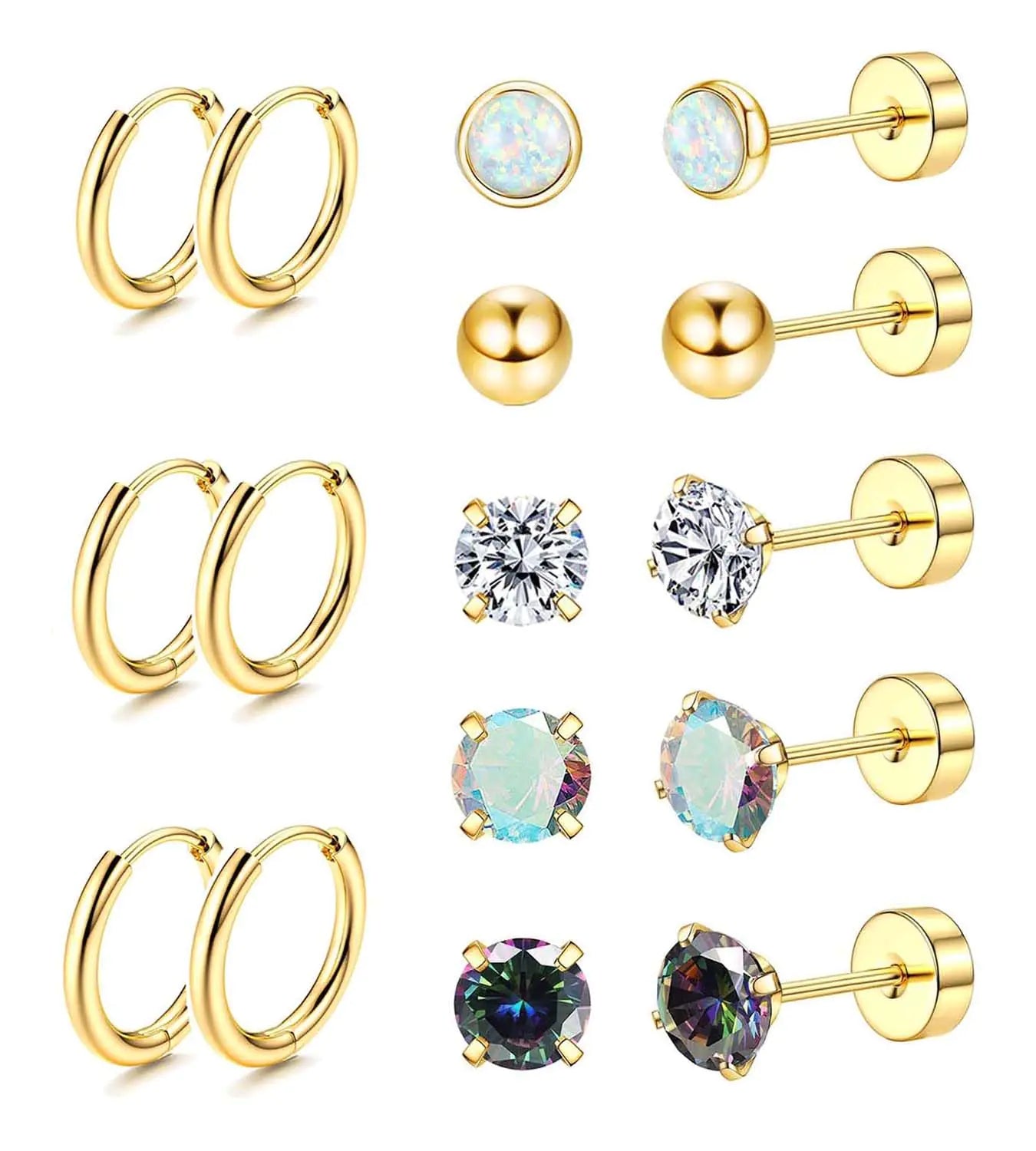 Buy gold Jstyle Surgical Steel Earrings for Sensitive Ears Hypoallergenic 20G Stainless Steel Stud Hoop Earrings for Women Men Small Opal Ball CZ Surgical Steel Flat Back Earrings Cartilage Earrings Hoop Stud Silver