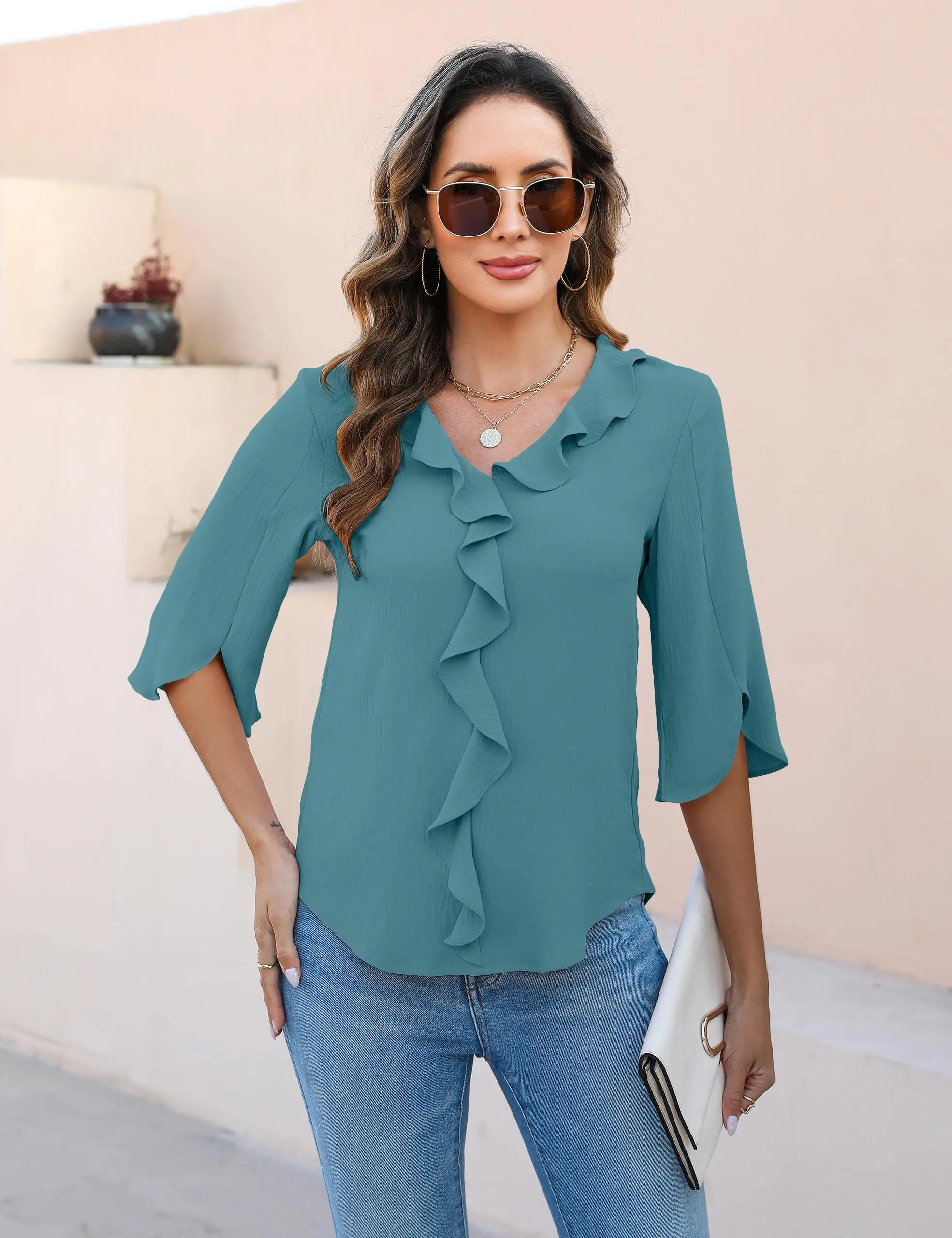 Women’s 3/4 Sleeve V-Neck Ruffle Blouse