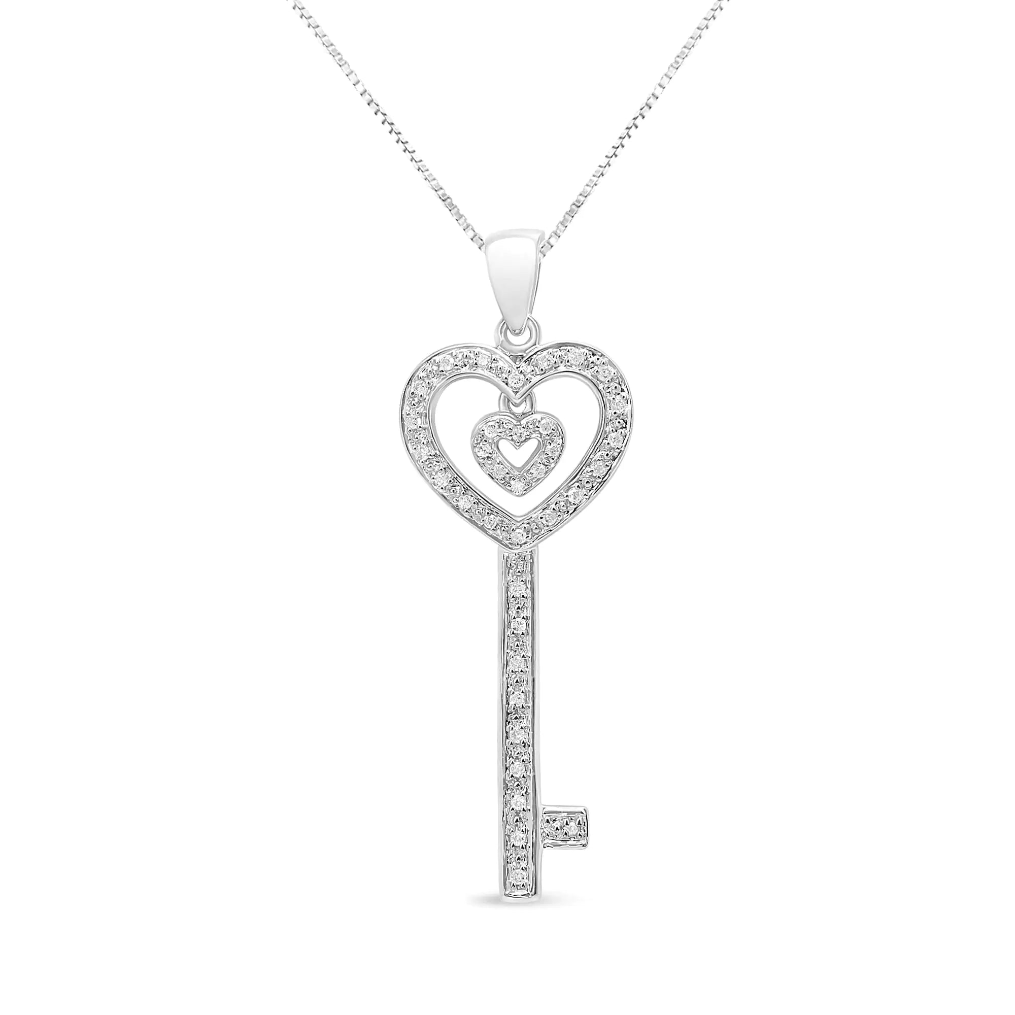 .925 Sterling Silver Double Heart & Key Pendant Necklace