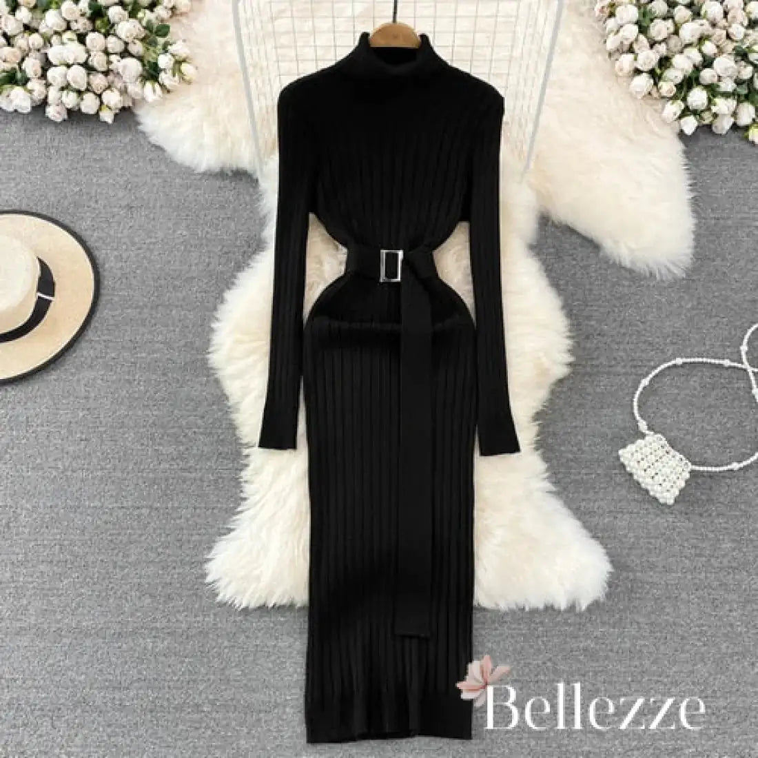 Buy black Turtleneck Sexy Wrap Hips Knitted Dresses