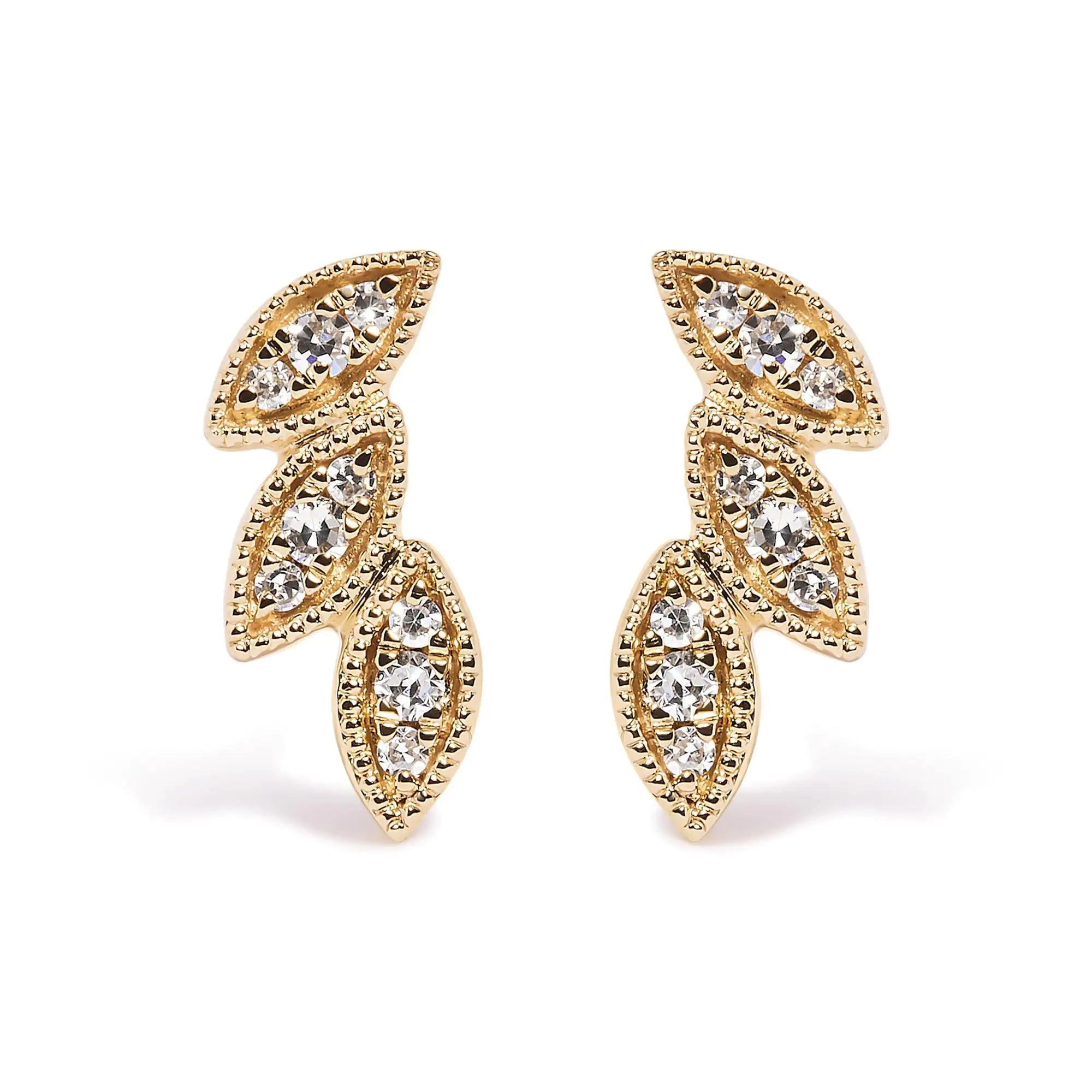 10K Yellow Gold 1/10 Cttw Diamond Triple Leaf Stud Earring (H-I Color, I1-I2 Clarity)