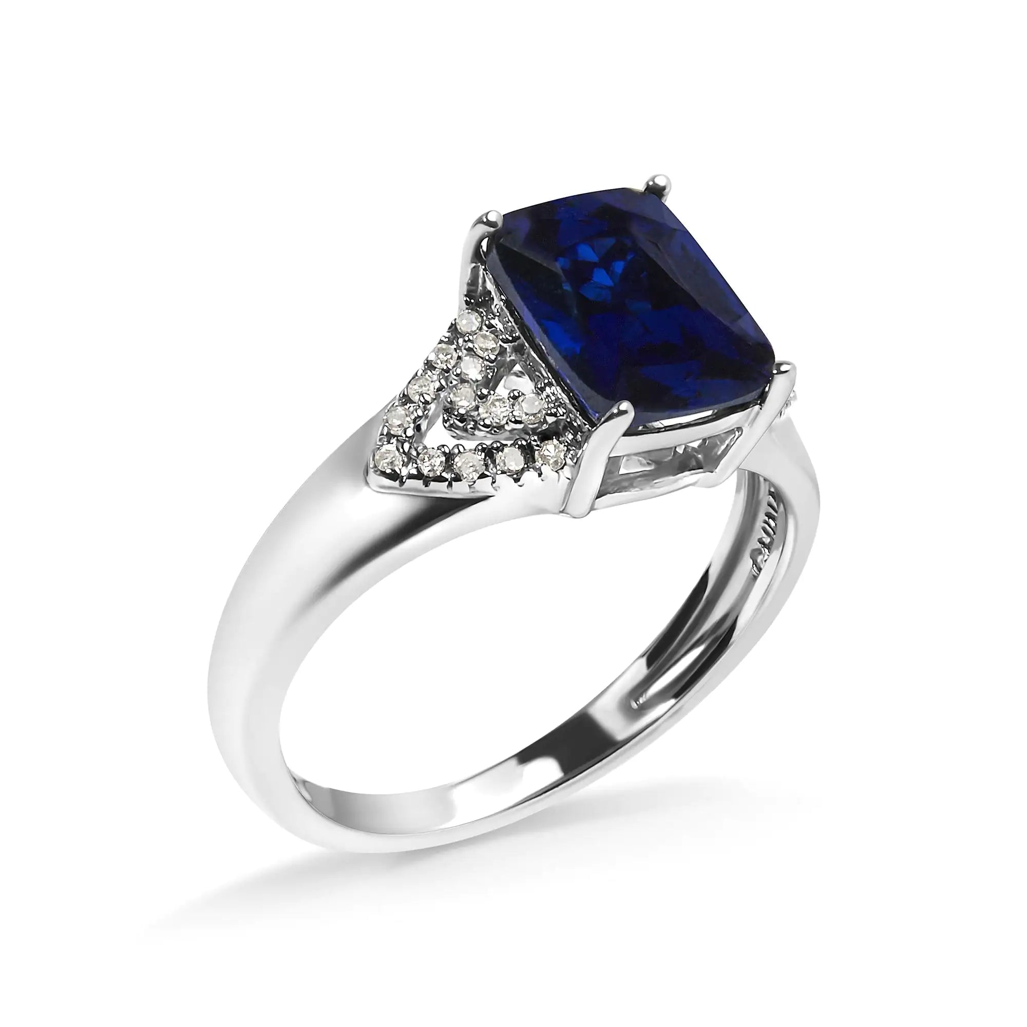 Sterling Silver Blue Sapphire and Diamond Ring, Cushion Cut, 9x7mm - 0