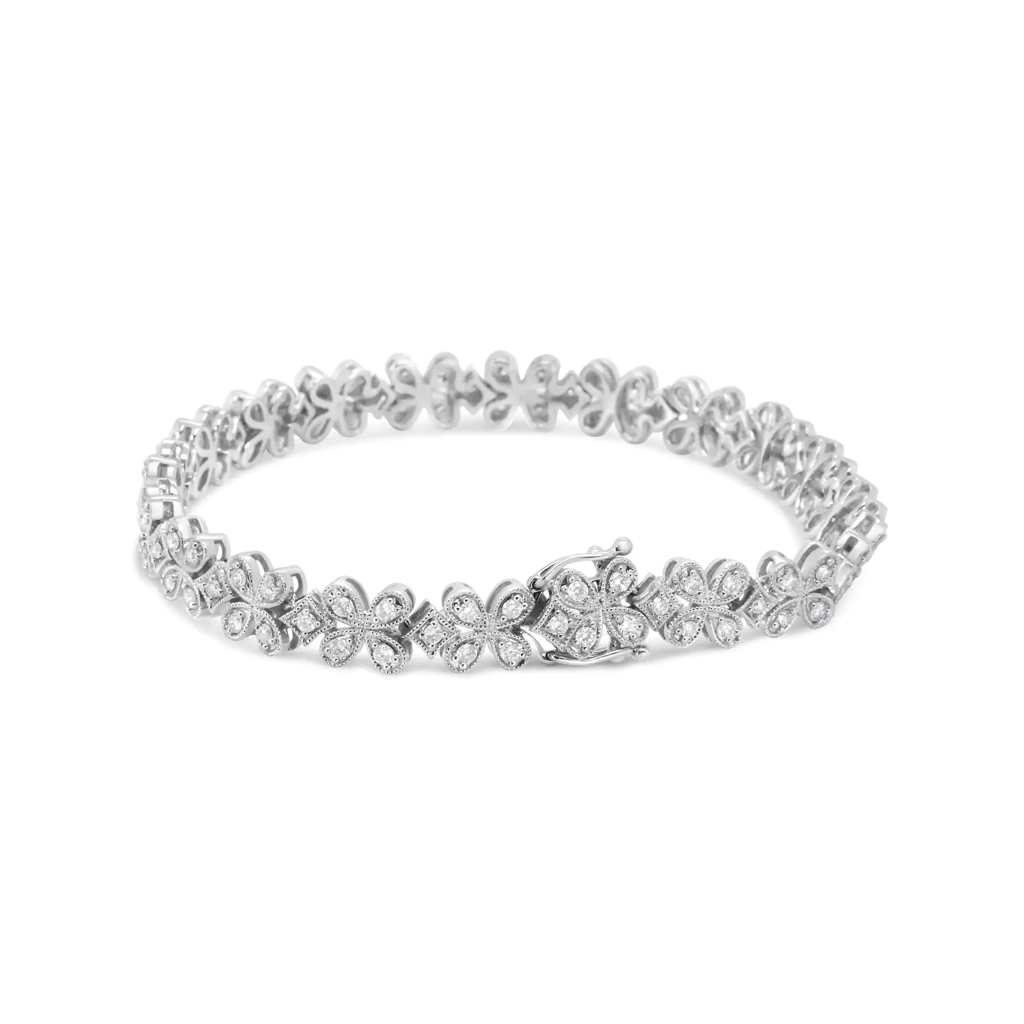 14K White Gold 1 1/2 Cttw Round Diamond Floral Clover-Shaped Link Bracelet (H-I Color, SI1-SI2 Clarity) - Size 7" - 0