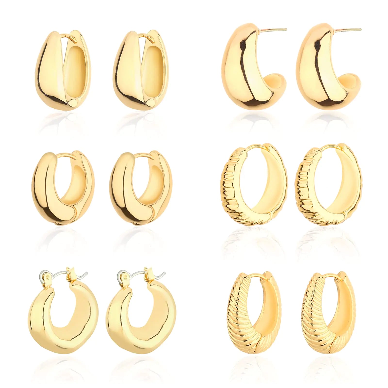 Wgoud Chunky Hoop Earrings Set 14K Gold Hoop Earrings for Women Hypoallergenic, Thick Hoops Earring set, Twist Huggie Hoop Earring 6 Prs Chunky Gold