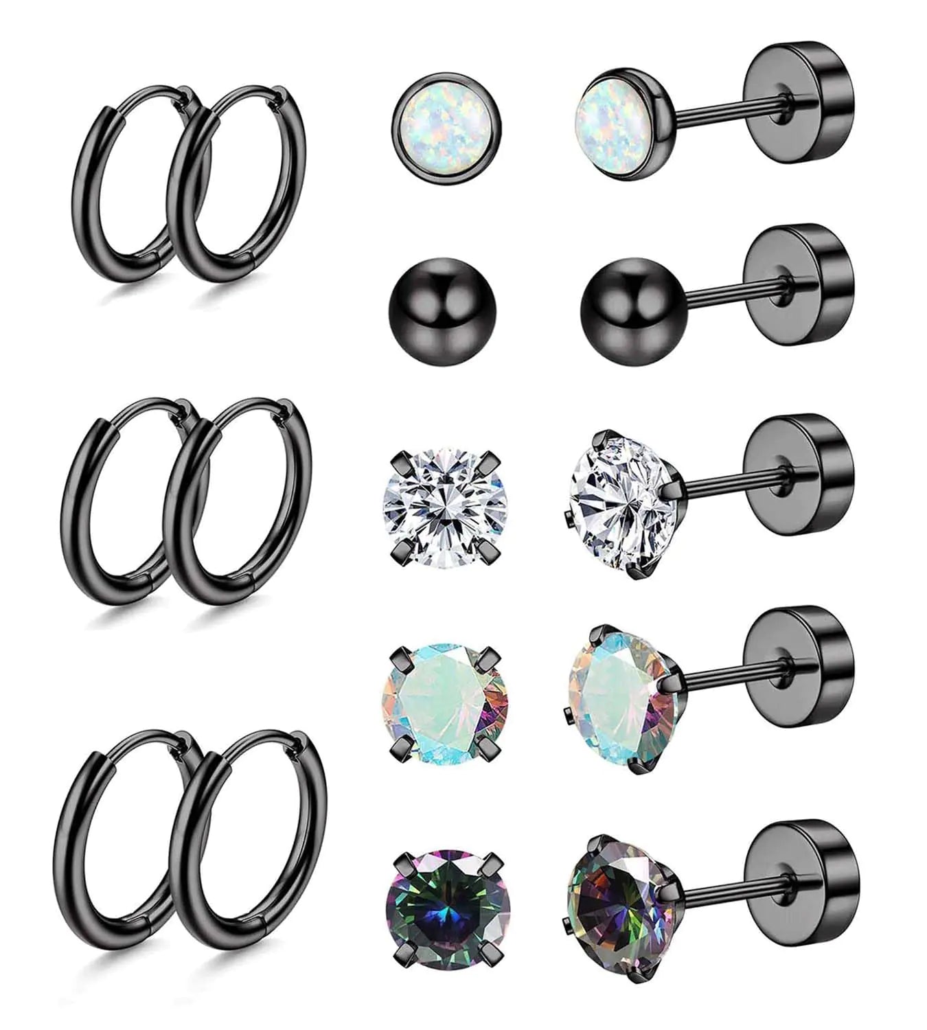 Jstyle Surgical Steel Earrings for Sensitive Ears Hypoallergenic 20G Stainless Steel Stud Hoop Earrings for Women Men Small Opal Ball CZ Surgical Steel Flat Back Earrings Cartilage Earrings Hoop Stud Silver