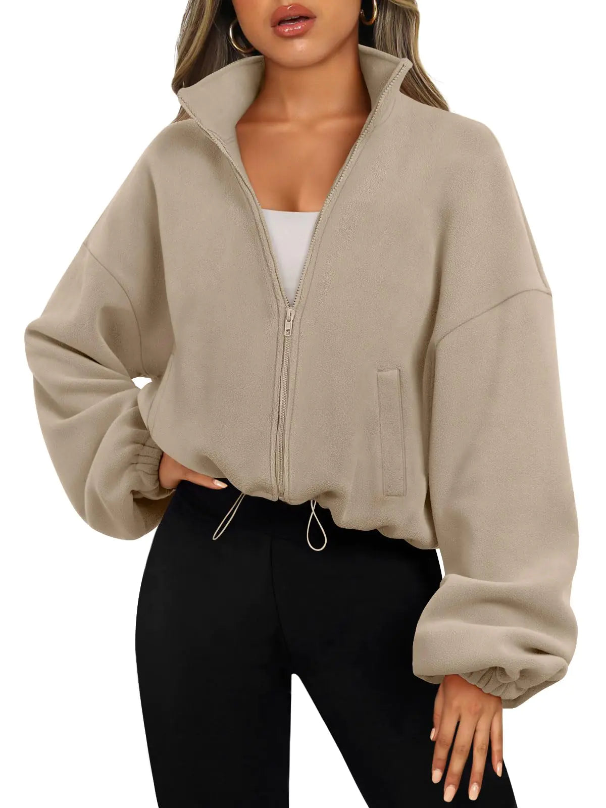 Buy khaki AUTOMET Women’s Zip-Up Sherpa Hoodie