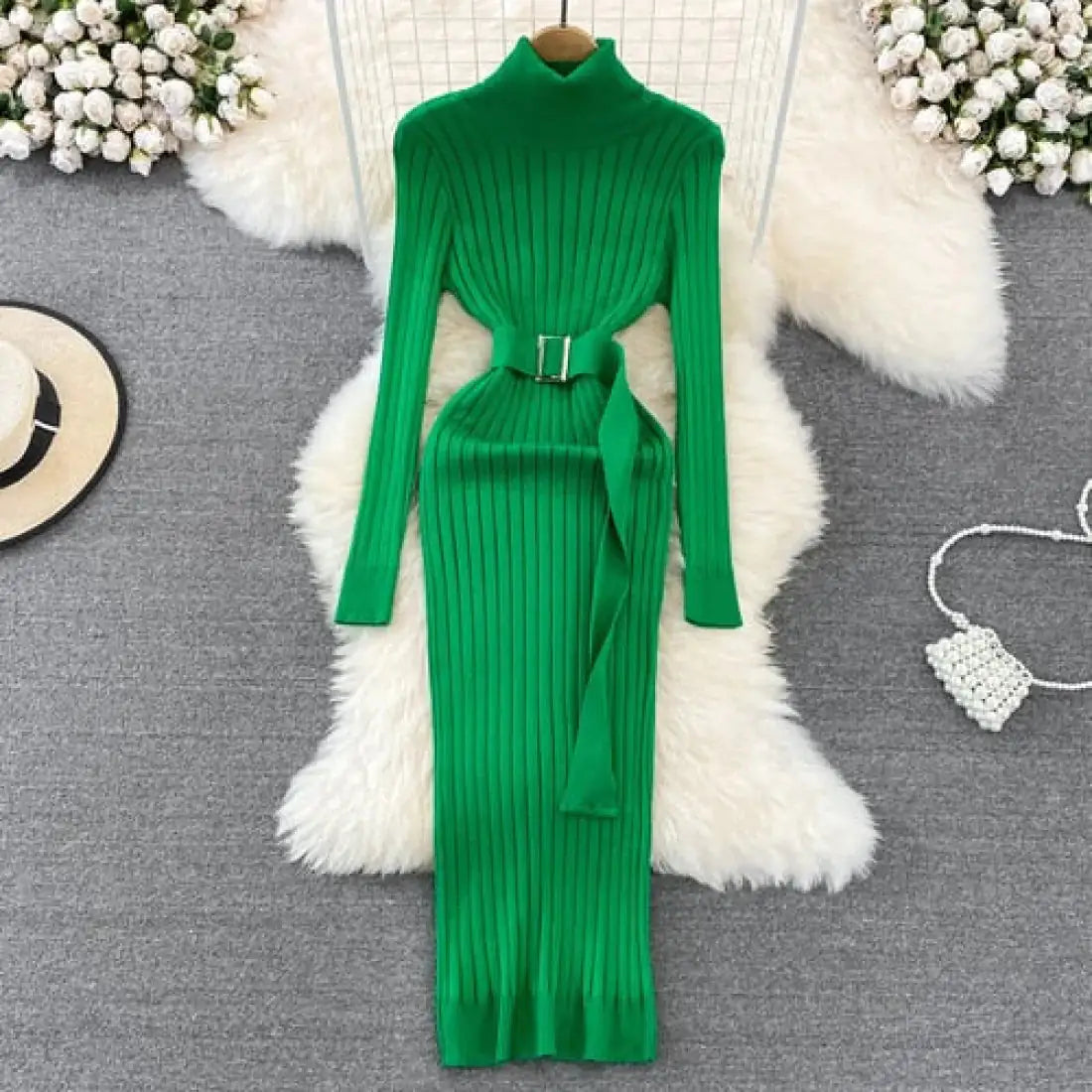 Buy green Turtleneck Sexy Wrap Hips Knitted Dresses