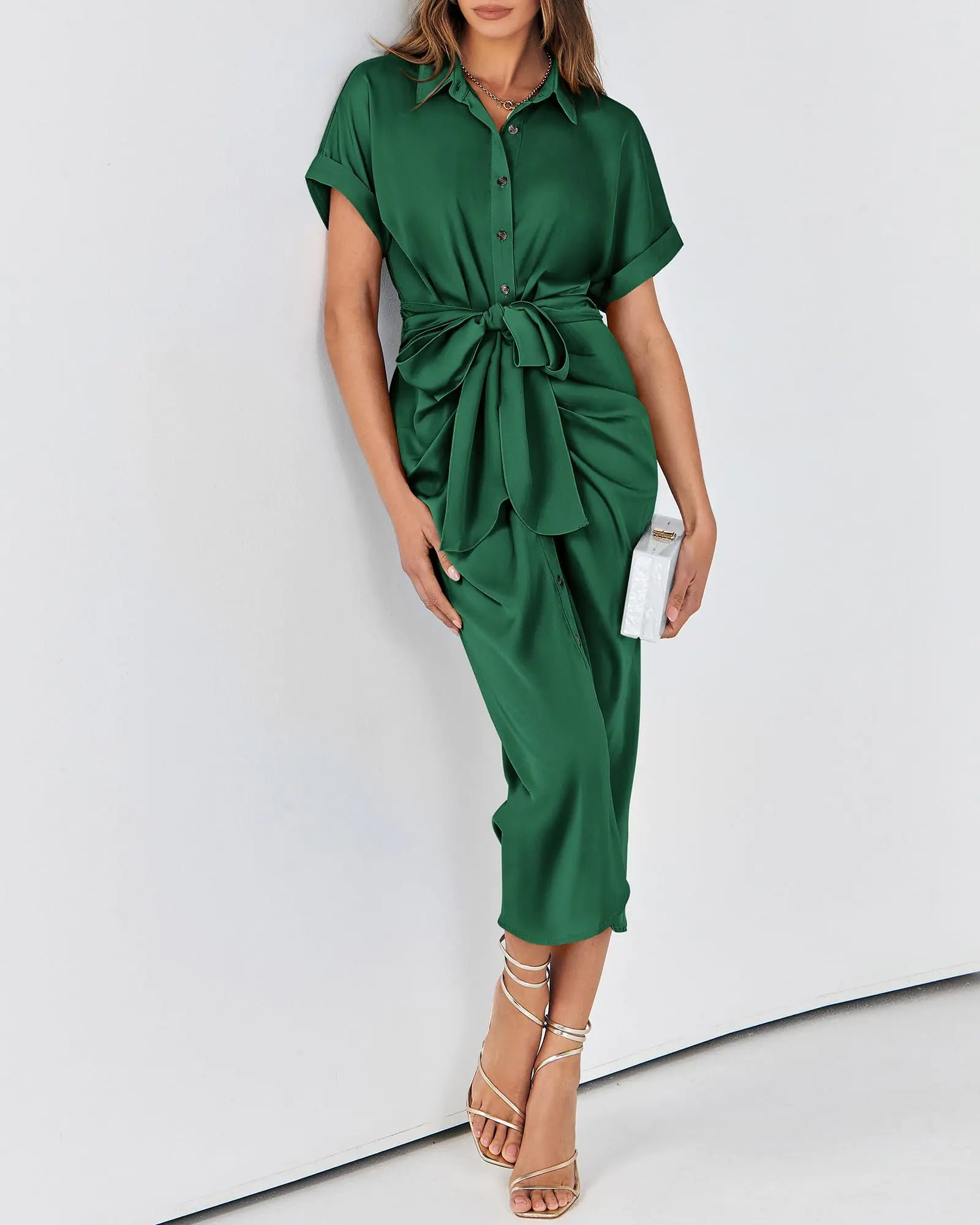 Women's Satin Button-Down Ruched Maxi Dress